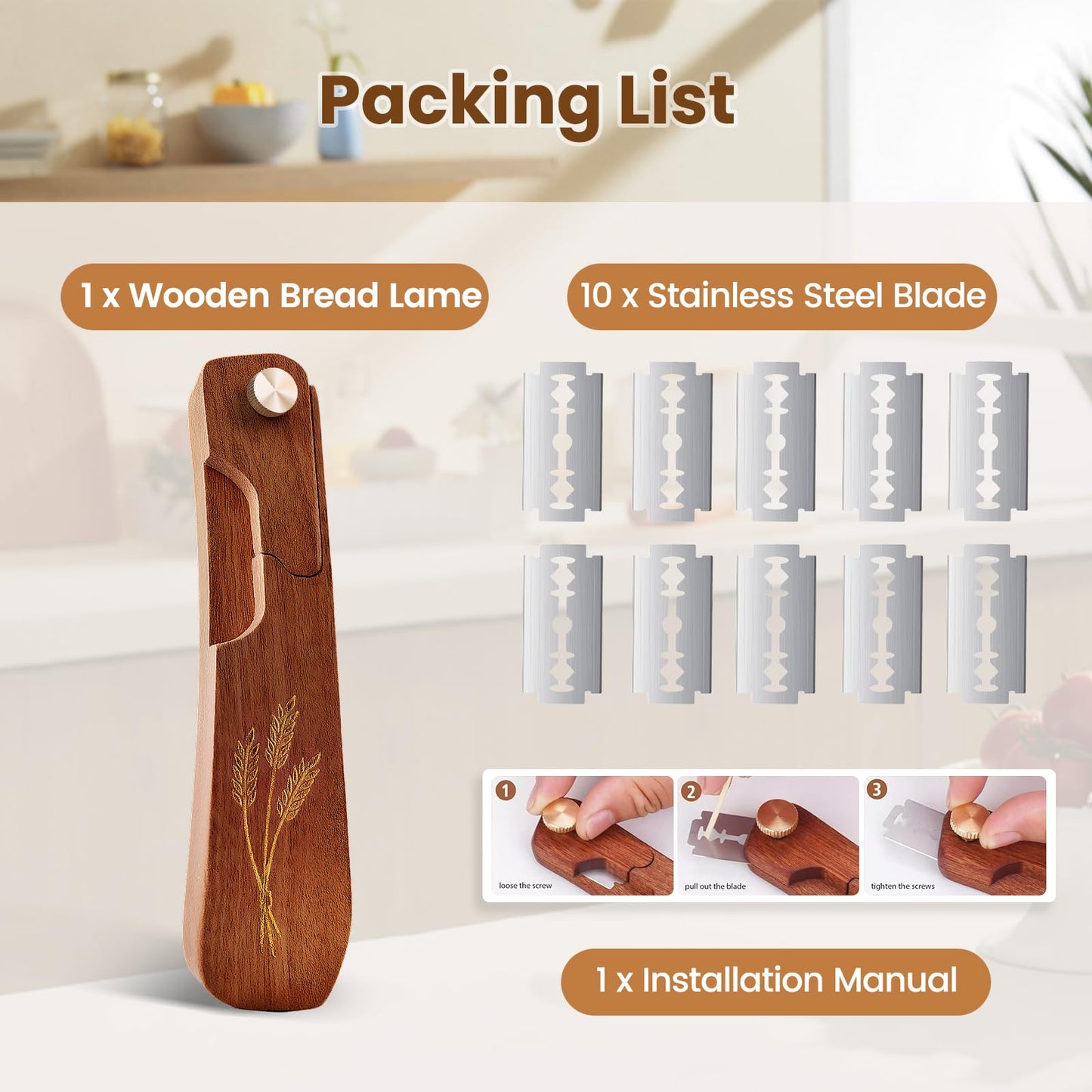 Drcomtruing Wooden Bread Lame Dough Scoring Tool, Handcrafted Bread Scoring Tool for Sourdough Bread Baking, Upgraded Sourdough Scoring Tool With Screw Lock & 10 Razor Blades(Reddish Brown)