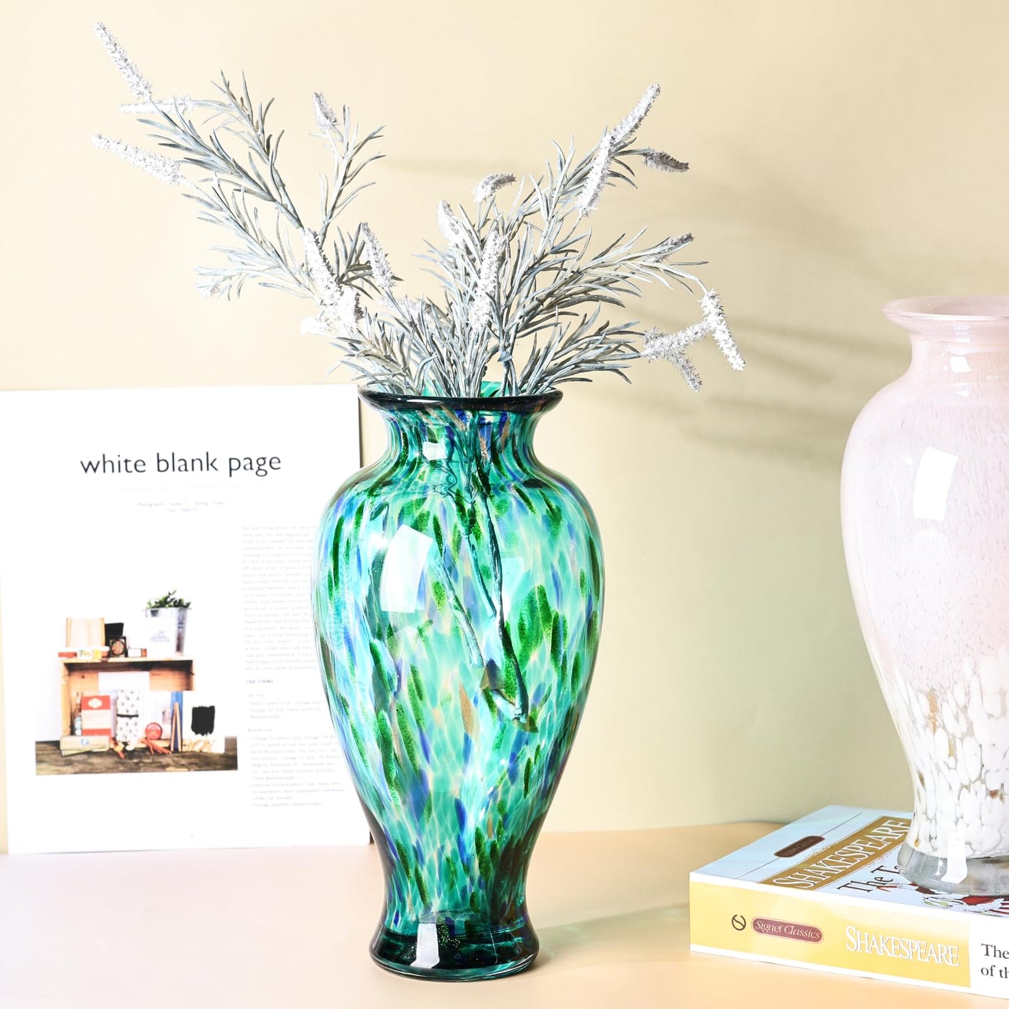 Hand Blown Glass Vase, Medium Wide Mouth Flower Vase Unique Modern Turquoise Glass Art Decor, Nonbreakable Vases for Table Centerpieces Living Room De
