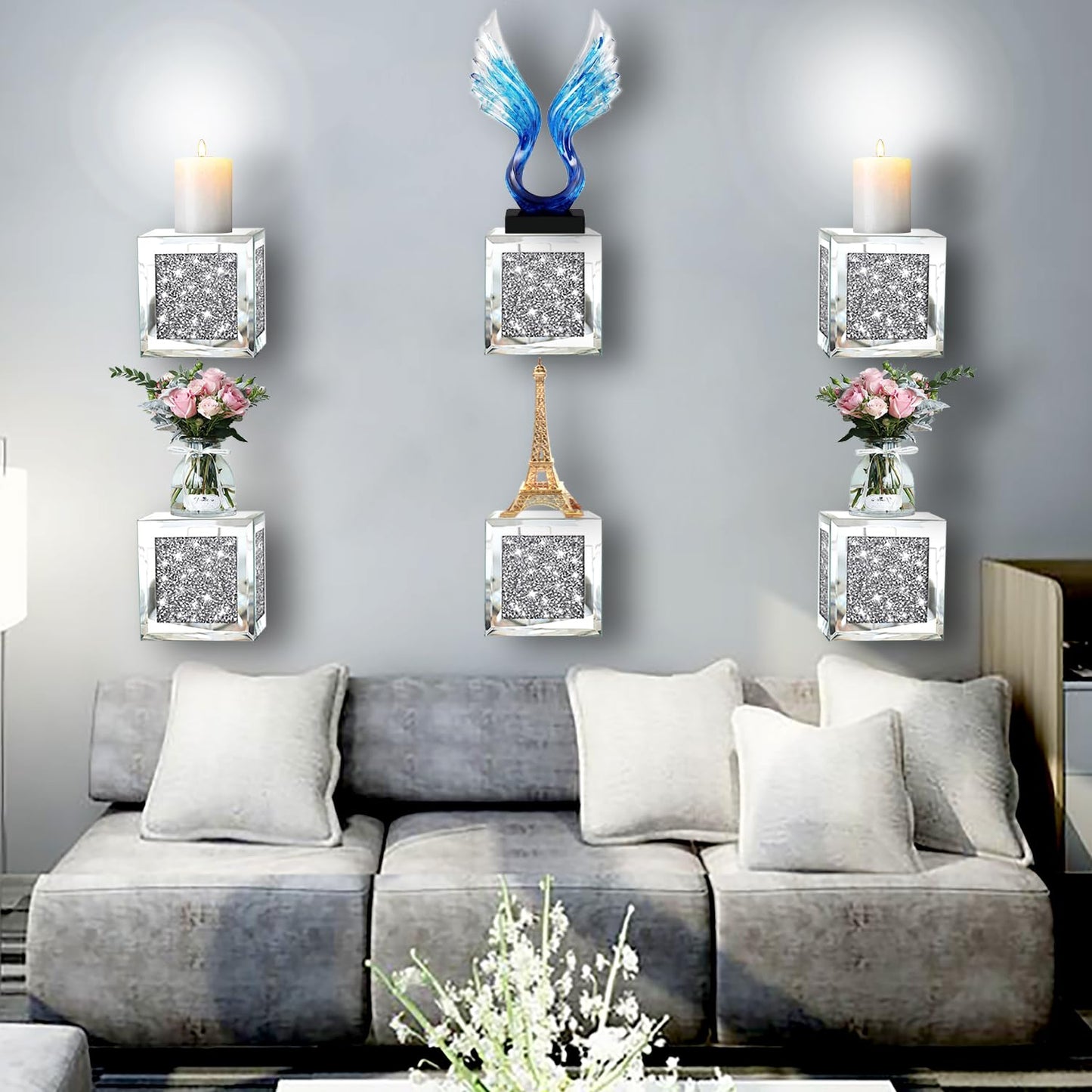 ZOLAPI Set of 2 Crystal Crush Diamond Candle Sconces, Gorgeous Silver Mirrored Wall Sconce, Candle Holder Glass Wall Decorations for Home Décor, Living Room, Dining Room. Floating Shelves