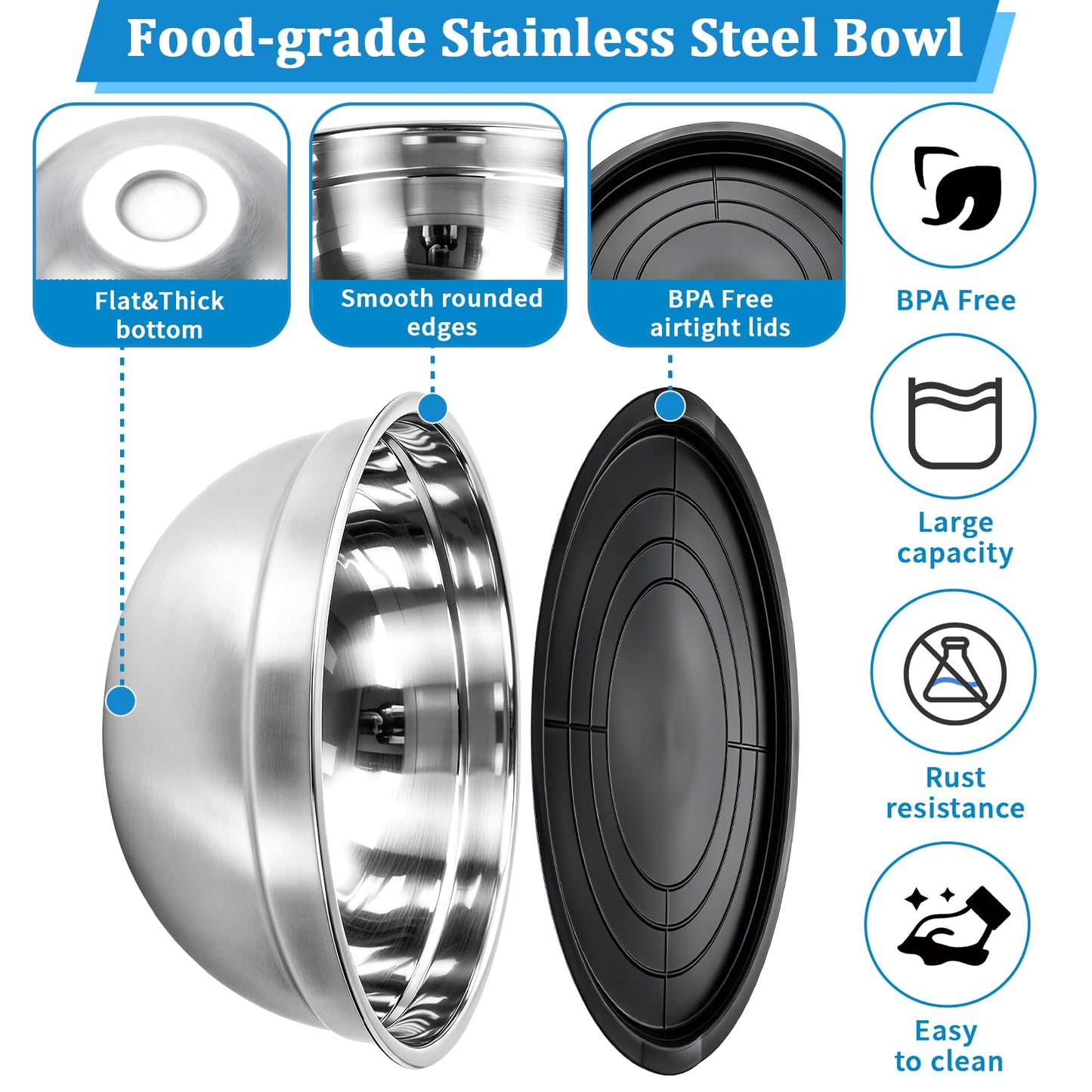 Mixing Bowls Set-9 Pcs Stainless Steel Mixing Bowls with Lid, Grater, Colander, Egg Whisk and Separator, Multipurpose Kitchen Metal Bowls for Mixing, Preping, Serving, Size 6.3, 4.3, 3.6, 2.9QT