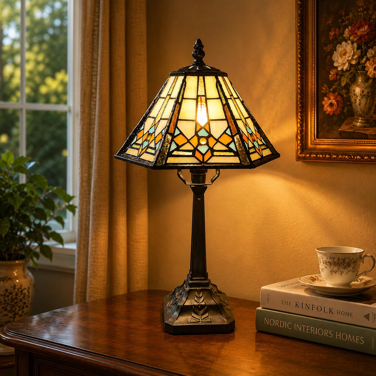 Bieye L10791 Mission Style Table Lamp Tiffany Stained Glass Night Light with Hexagonal Cone Lampshade, 10" W x 16" H