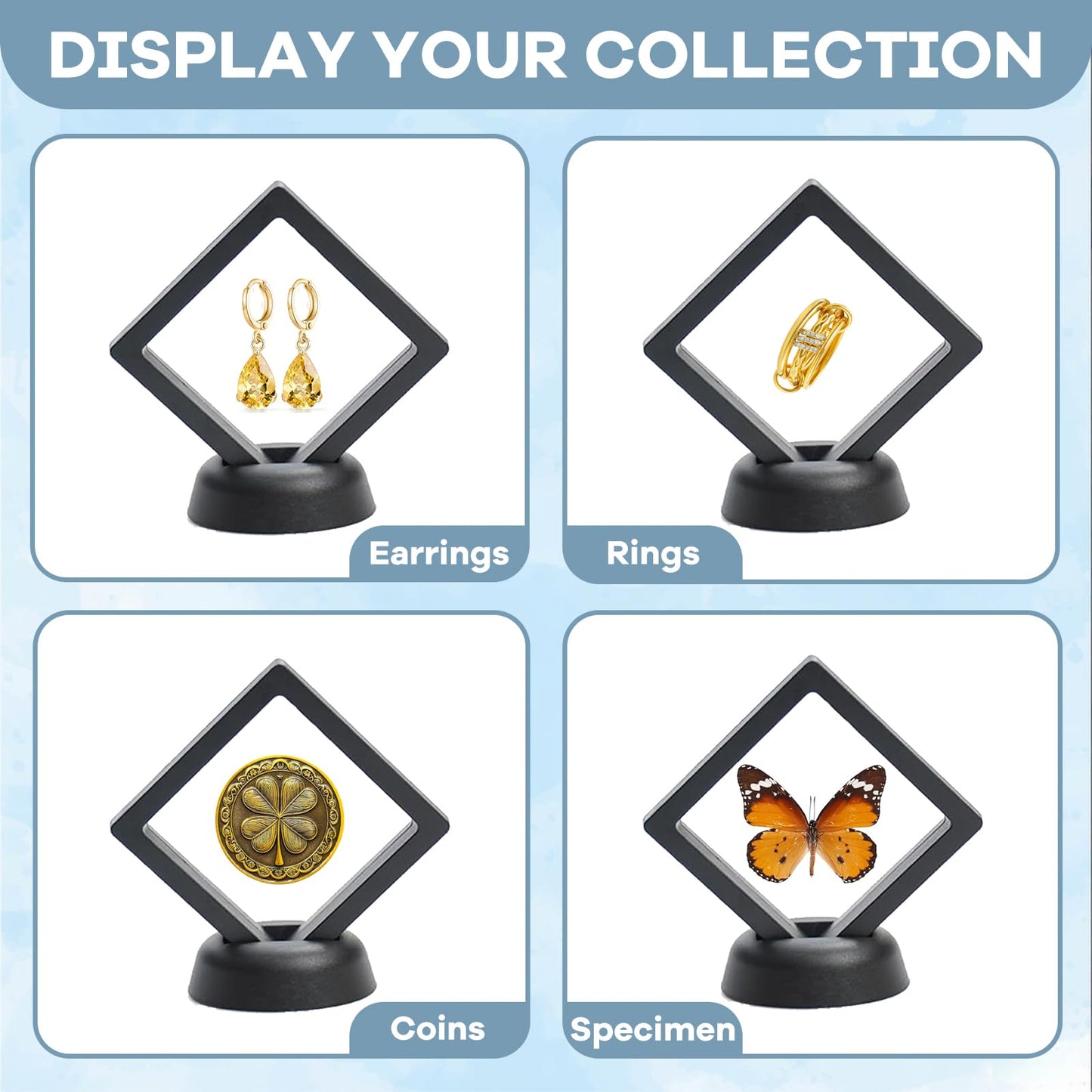 BMHHWAI 12Pcs 3D Floating Display Case 3.5in Black, Clear Film Jewelry Storage Box Plastic Frame Stand for Challenge Coin Fossils Rocks Shark Tooth Butterfly