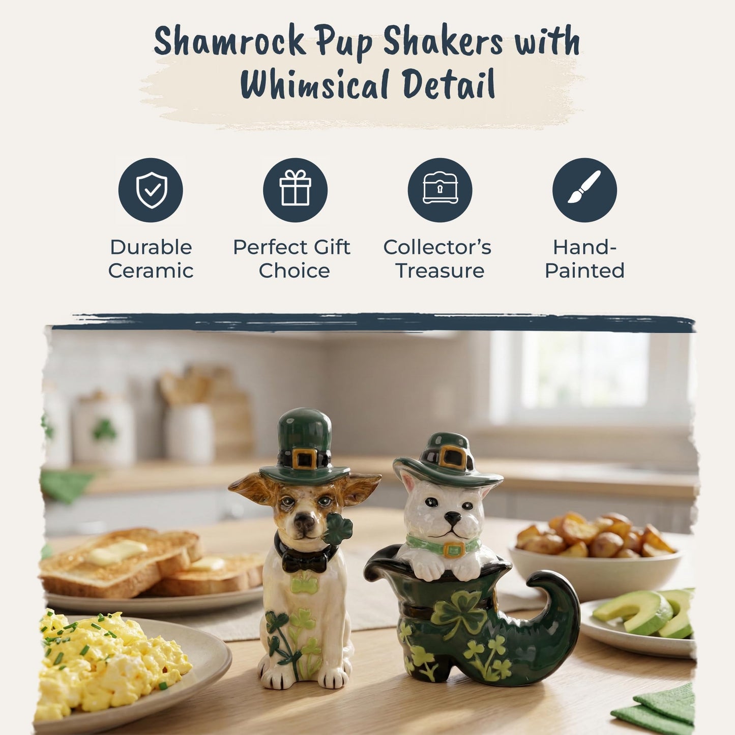 Blue Sky Clayworks Dogs Salt & Pepper Shaker Set, 5" L x 2" W x 4" H, Leprechaun Hat Pups with Clover Wink
