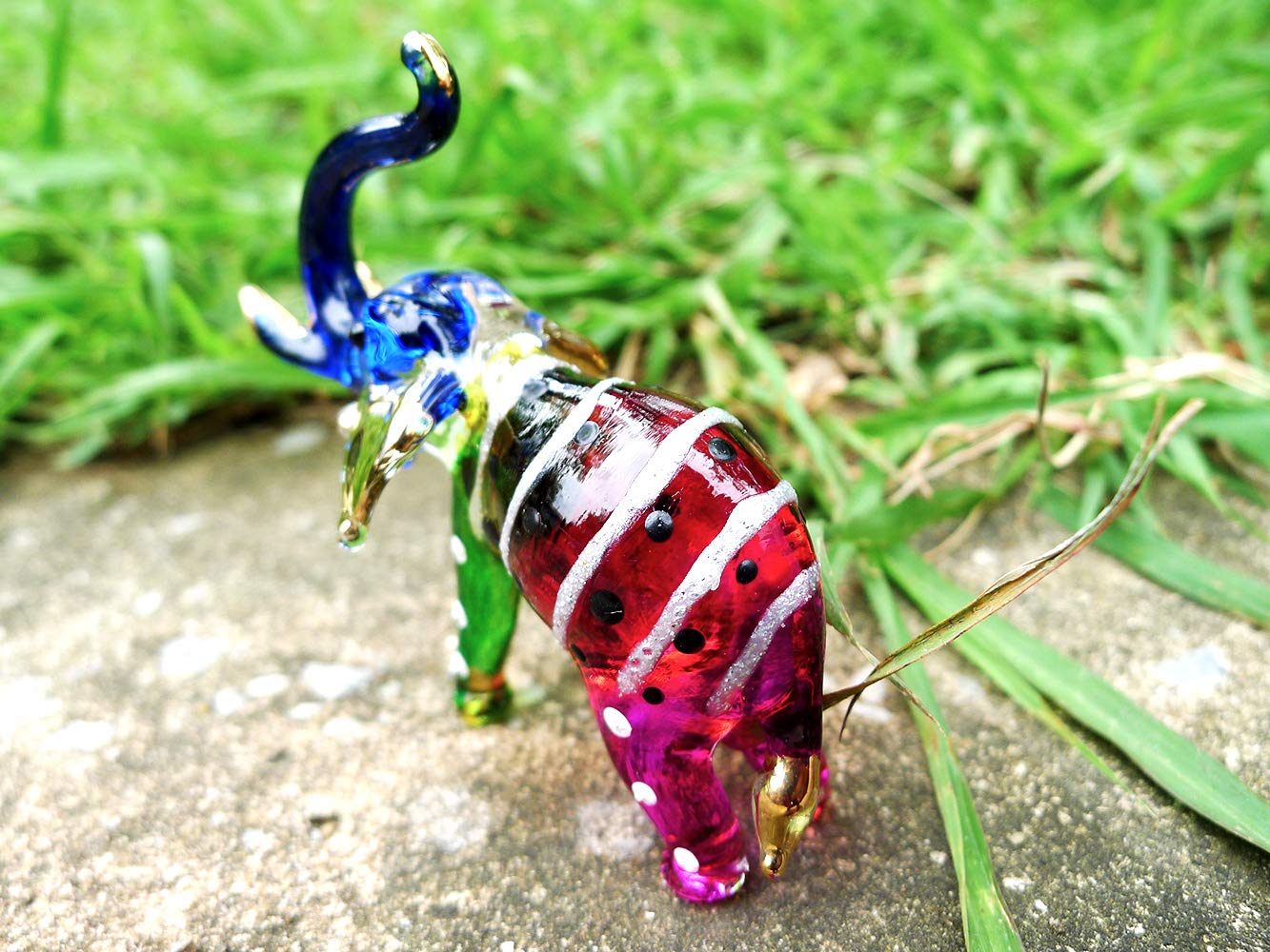Sansukjai Elephant Tiny Miniature Hand Blown Glass Art Figurines Animals Collectible Gift Decorate, Trunk Up (Rainbow)
