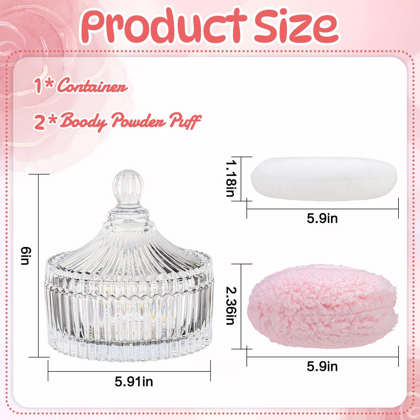 Body Powder Container with Large Powder Puff (2 Pack, 6" Glass Jar), Decorative Crystal Powder Puff Holder for Loose Powder, Talcum Powder, Gift Set for Women and Babies
