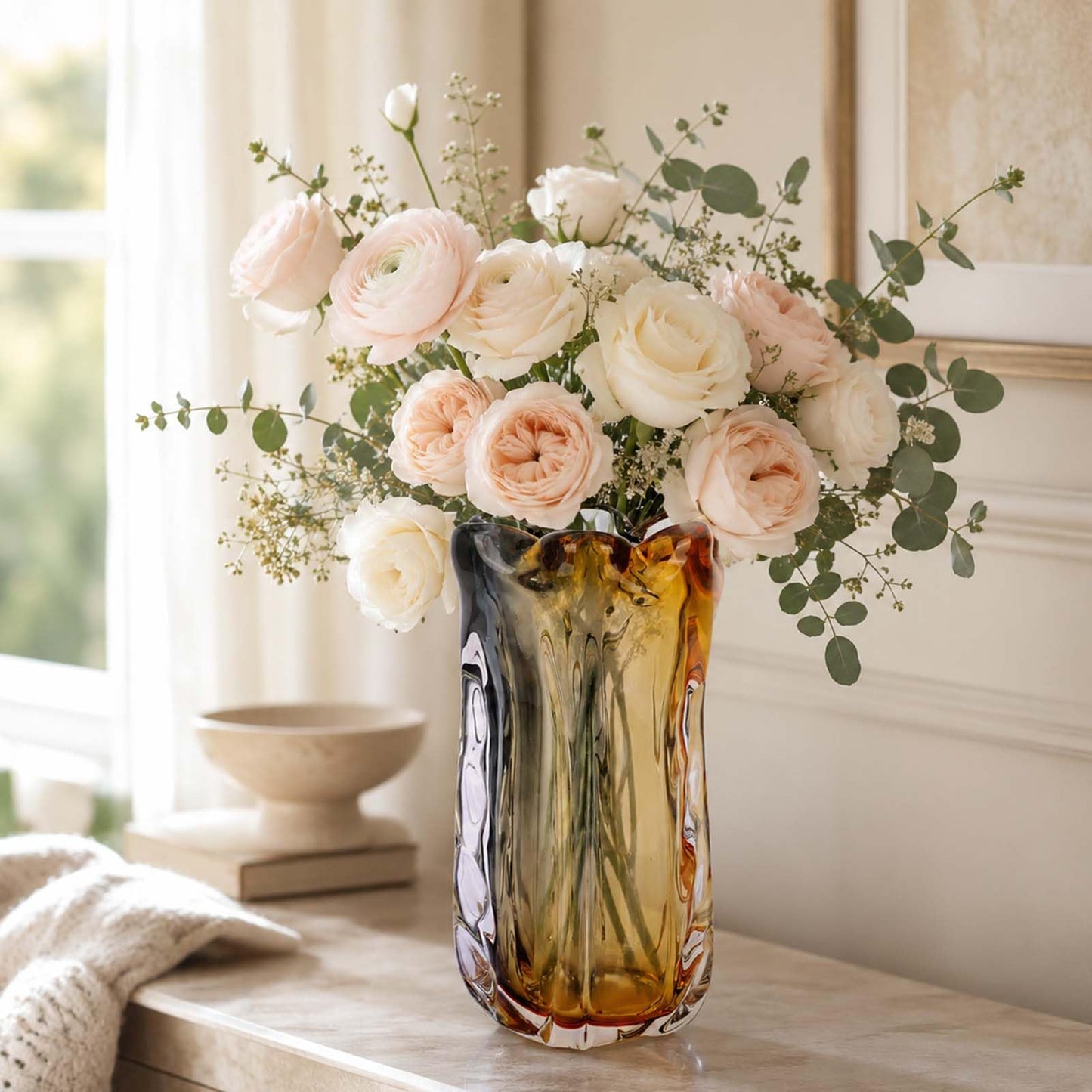 Amber Wide Mouth Vase for Flowers, Decorative Vases for Home Decor, Hand-Blown Murano Art Glass, Modern Art Deco Cut Glass,High-End Unique Designer Centerpiece,Living Room Table Shelf, Plants(Amber,M)