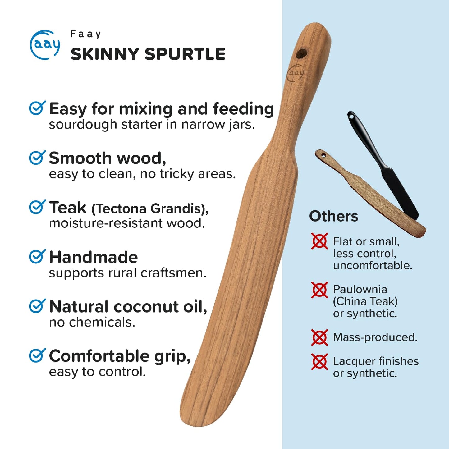 FAAY Teak Wooden Skinny Spurtle Spatula for Sourdough Starter & Jars
