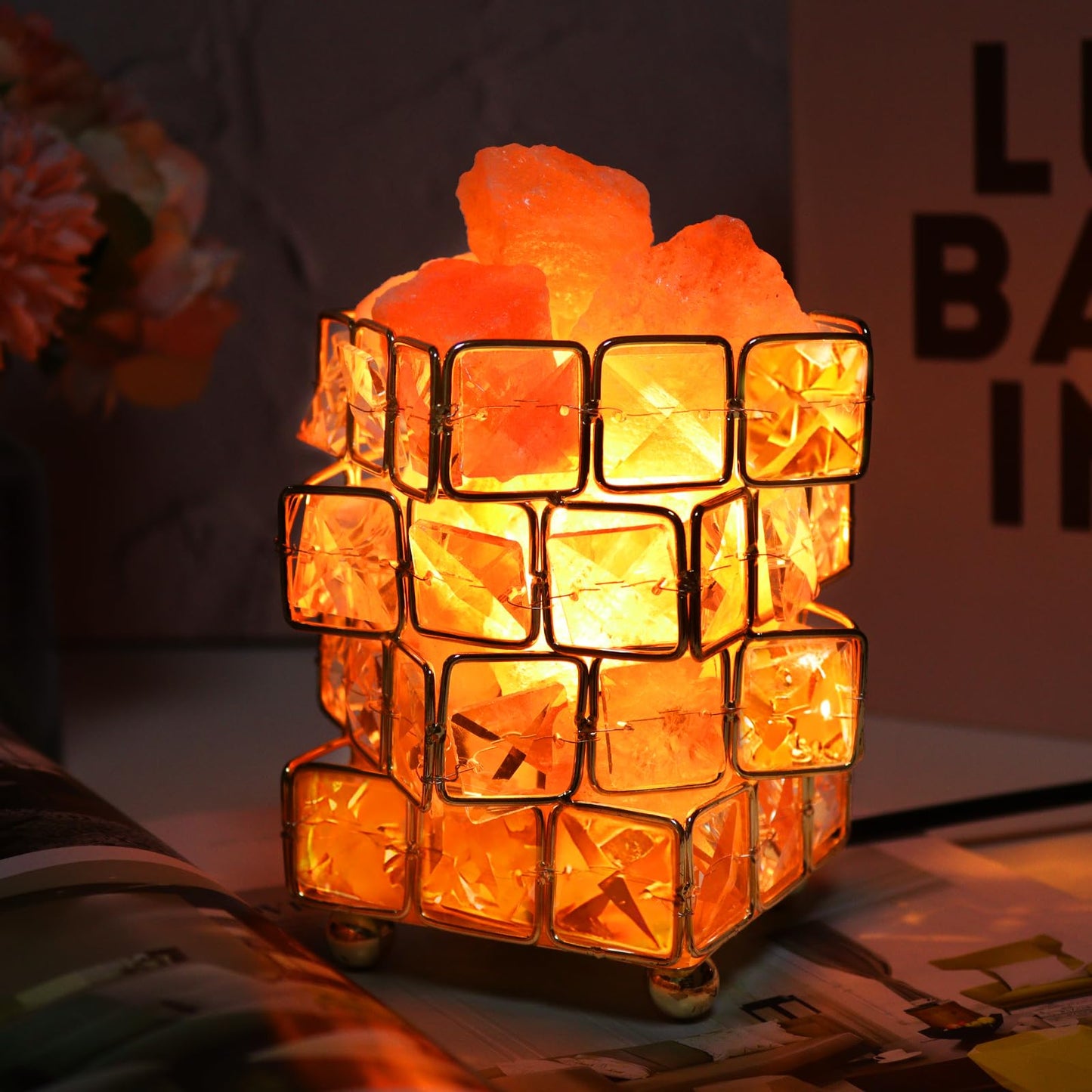 Natural Himalayan Pink Salt Lamp, Dimmable Single Lighting, Plug-in Powered, Crystal Salt Rock Lamp, Glow Night Light for Bedroom Office, UL & ETL Certified Cord (Crystal Cube)