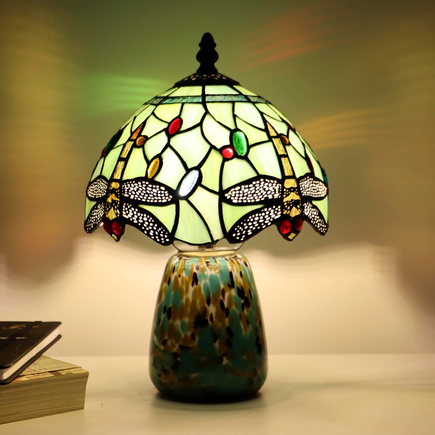 Tiffany Mushroom Table Lamp Dragonfly Style Grass Green Stained Glass Accent Lamp Brown Blue Glass Base 8X8X12 Inch