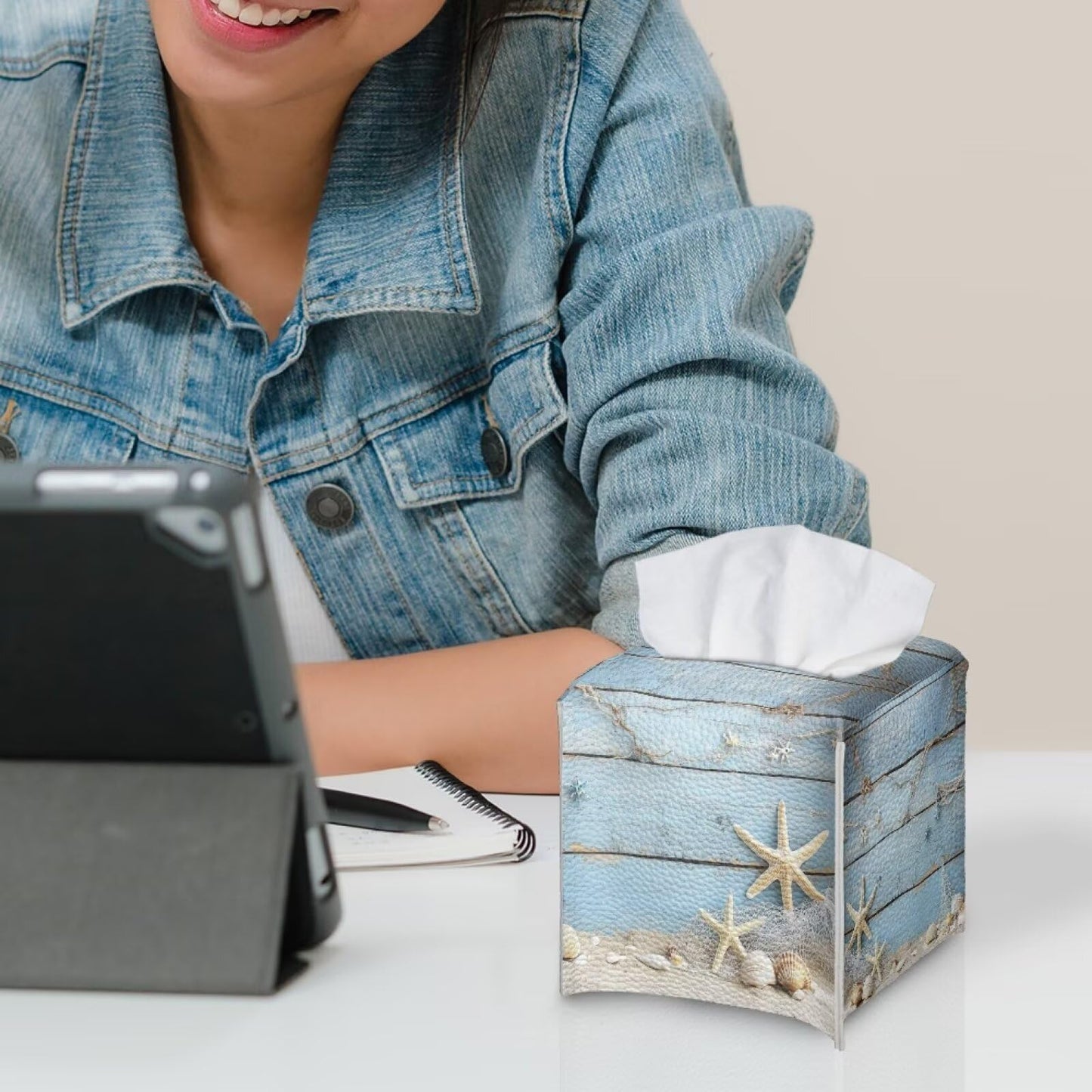 Tutolipy Tissue Box Holder Square Tissue Box Cover Facial Tissue Box Covers Cube Napkin Organizer Dispenser for Bedroom Office Bathroom Decor, Starfish Blue