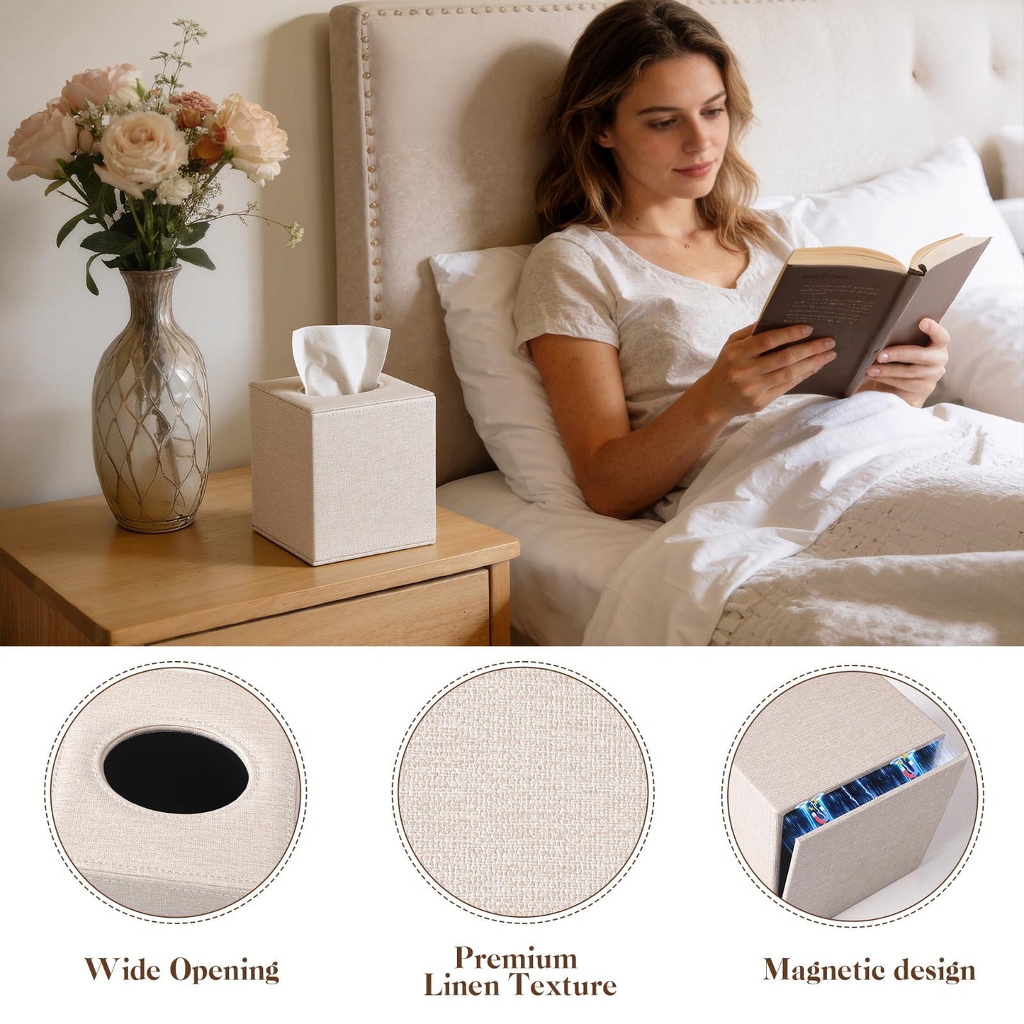 VZZNN 2 Pack Tissue Box Cover Square - Modern Cube Tissue Holder with Magnetic Base, Decorative Tissue Organizer for Bathroom Vanity, Dresser, Countertop, Bedroom, Office, and Car, Beige