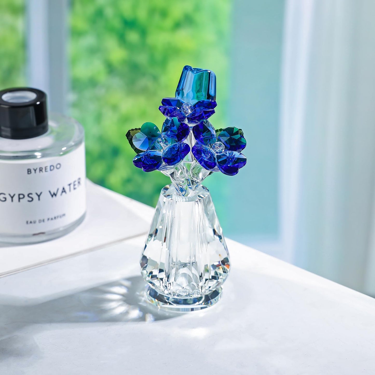 Crystal Rose Flower Figurine with Vase, Handmade Glass Flower Gifts for Woman, Wedding Gifts for Wife, Home Party Decorations (Blue)