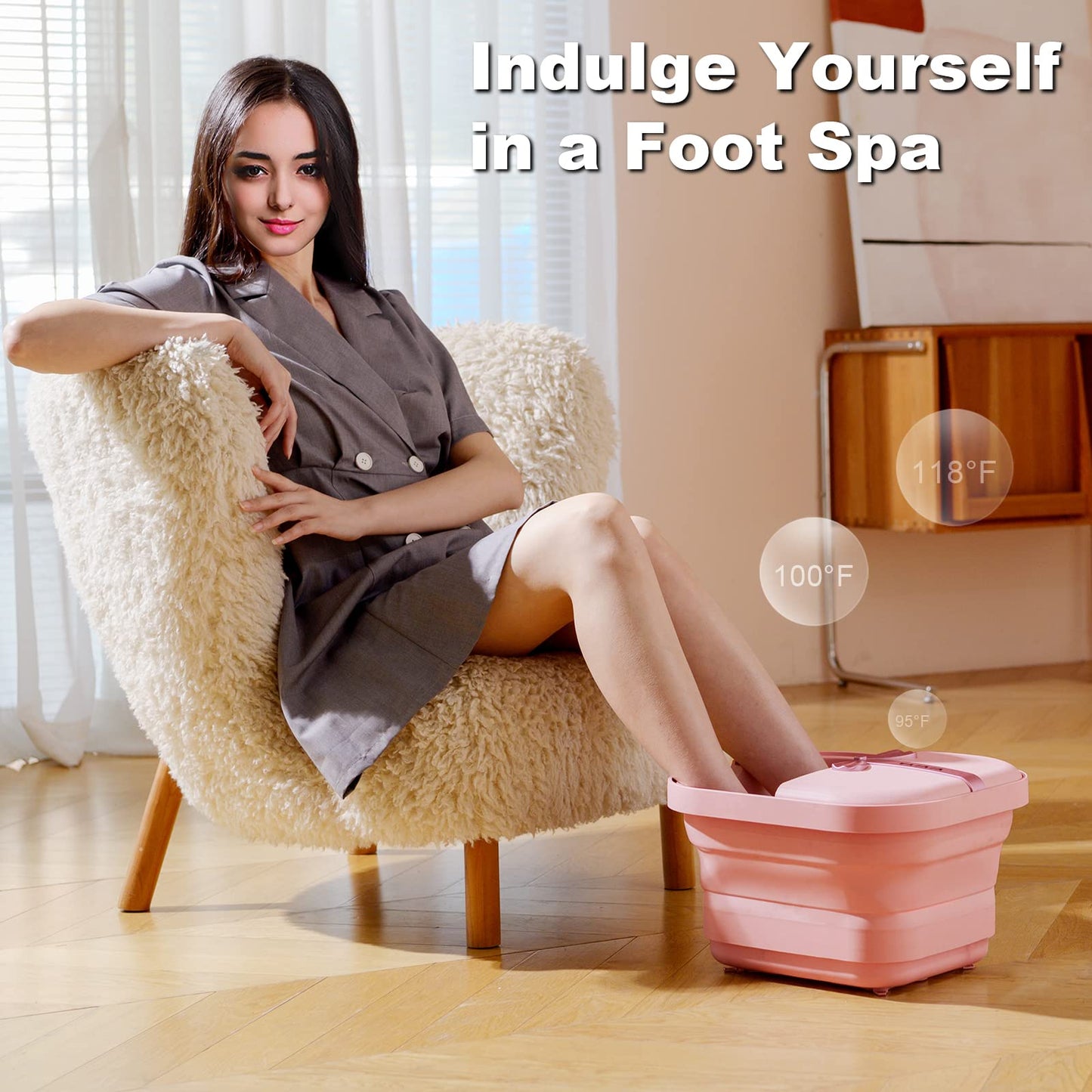 VIVIYA Collapsible Foot Bath Spa with heat and Massage Rollers, Foldable Foot Soak Tub with Bubbles Jets and LED light, Pedicure Foot Spa Massager with Foot Scrubber for Home Use (Pink)