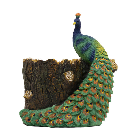 Big Stone Art Peacock Figurine Tree Stump Planter, Resin, Decorative Flower Pot for Indoor and Outdoor Use, Pen Holder Desk Organiser Nature Theme Garden Decor, Statue Sculpture (Blue)