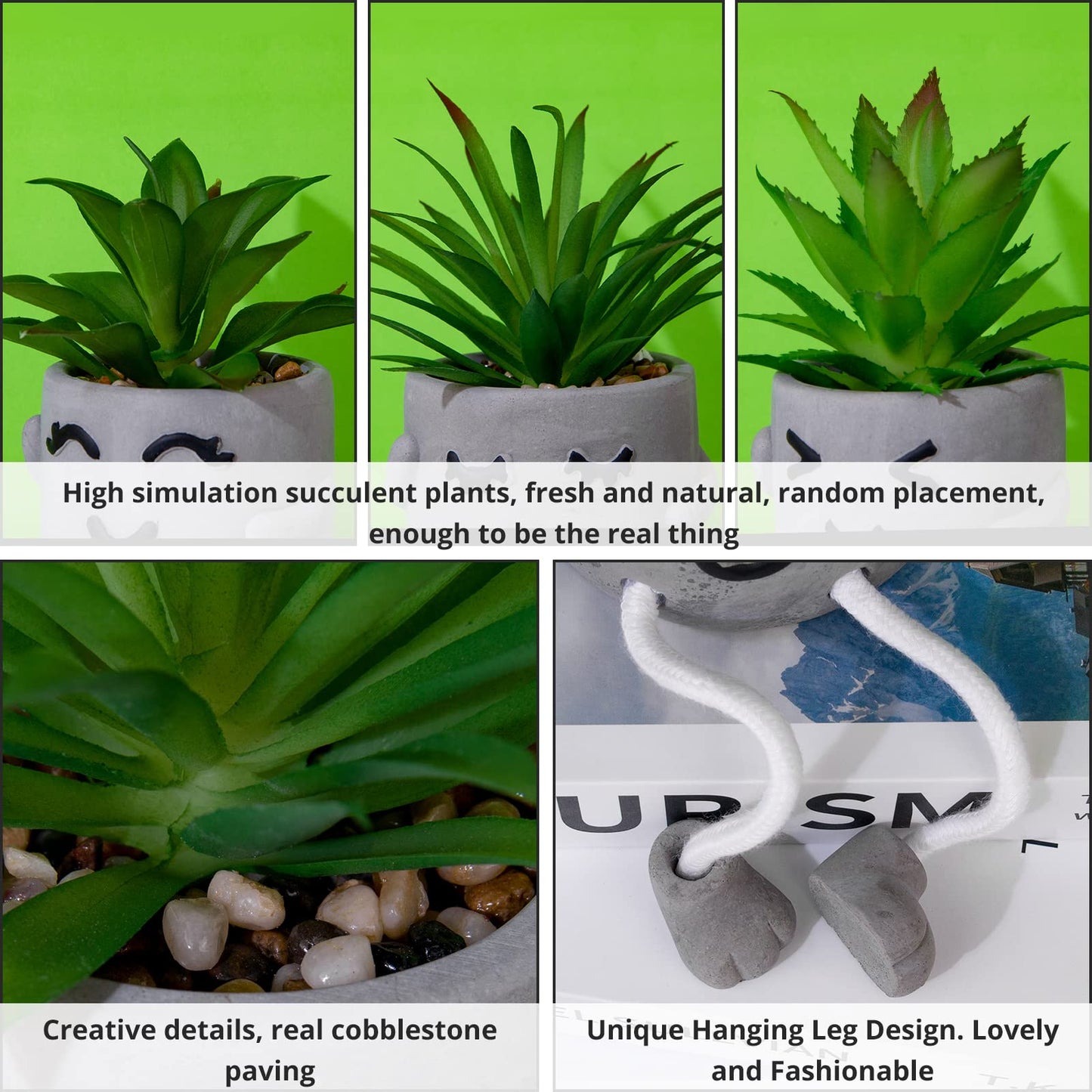 LUZOGA Creative Artificial Succulent Plants with Gray Pots Mini Potted Succulents Cute Fake Plants Succulents with Hanging Leg & Emotional Cement for Home Office Desk Decor and Gift Choice