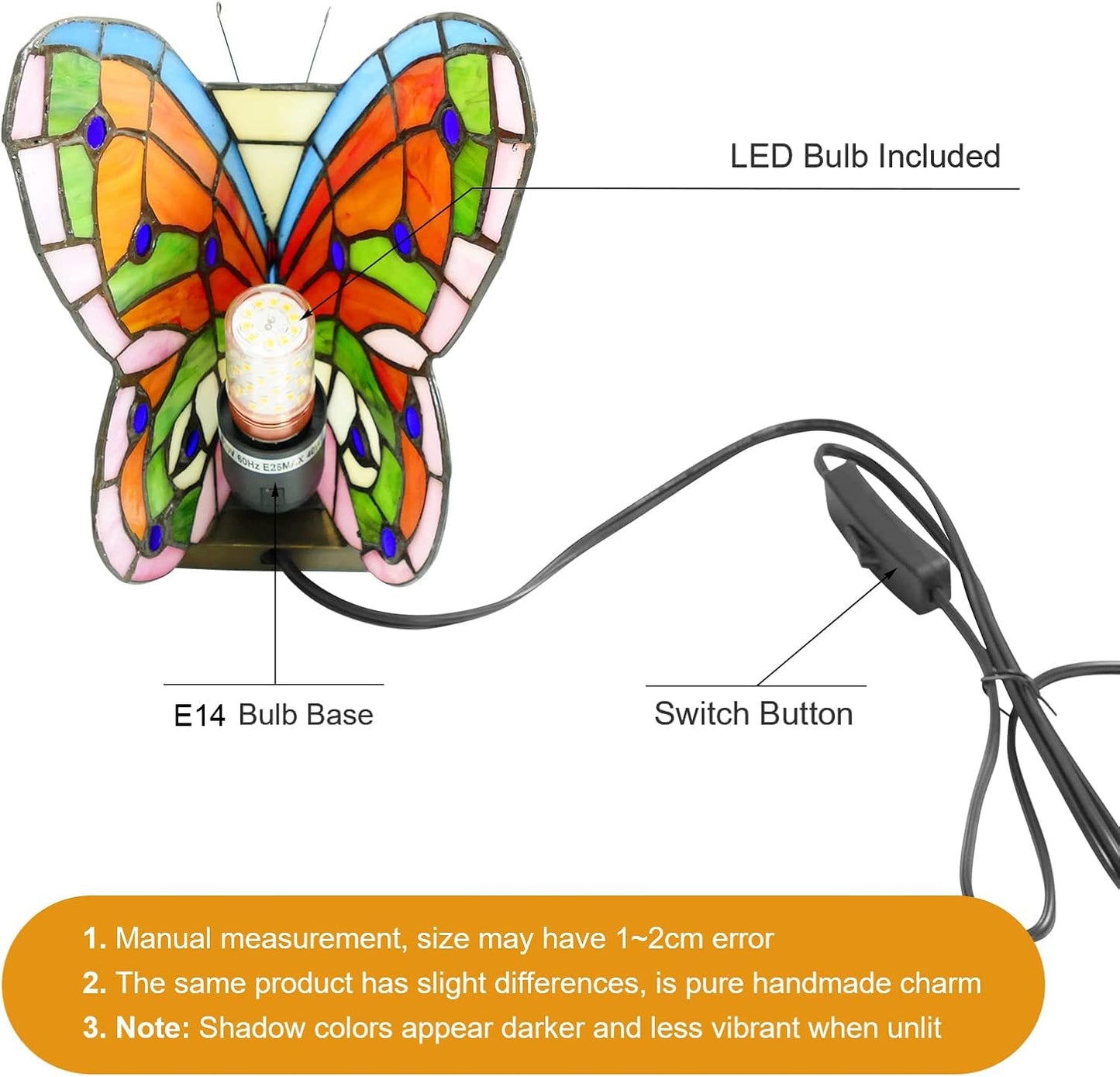 JGWSWQ Butterfly Tiffany Table Lamp, Stained Glass Vintage Night Light