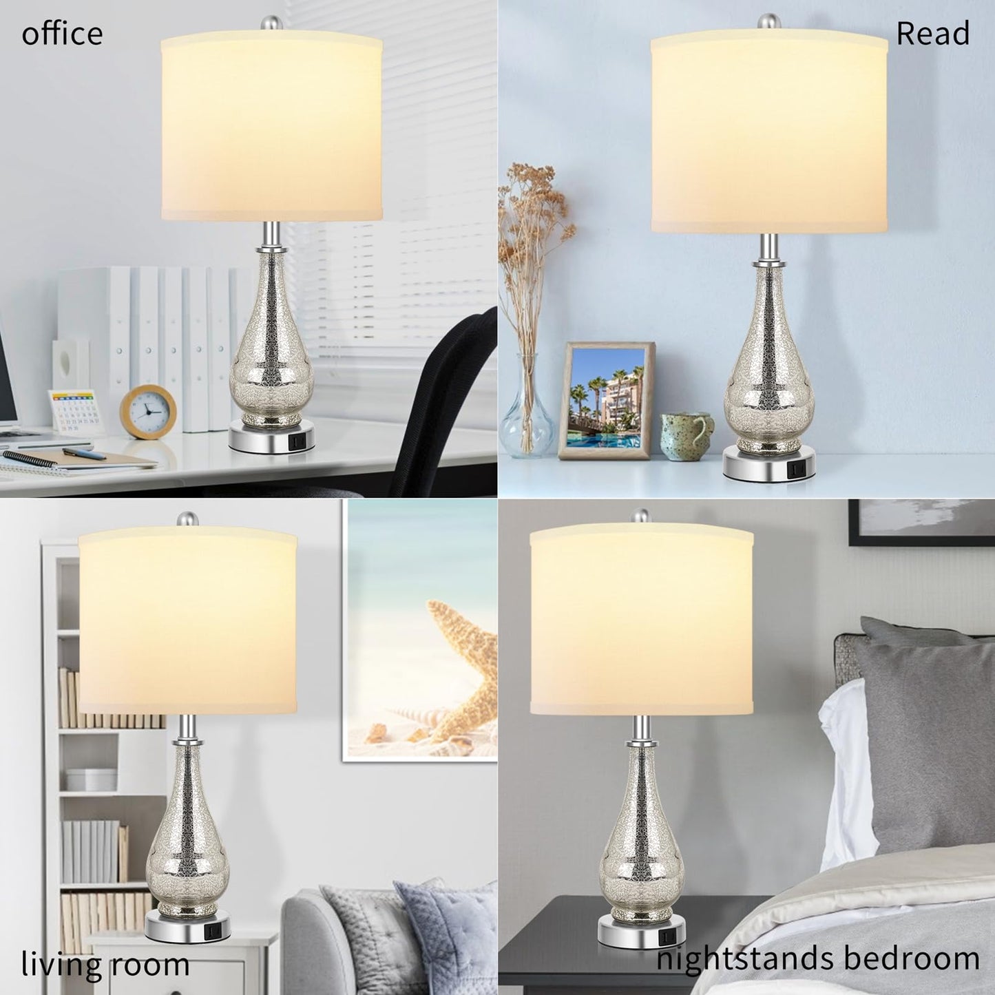 TPAMSWO Glass Table Lamps Set of 2, Modern 23.5” High Hand-Applied Silver Mercury Glass Bedside Lamps, for Bedroom Living Room Home Nightstand Table Lamp(with USB C+A 5V 2.1A Charging Ports)