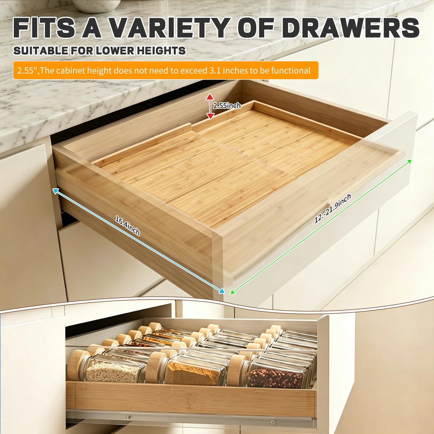 Bamboo Spice Drawer Organizer Expandable(Fits 2.6” Deep Drawers), 4-Tier Spice Rack Drawer Insert for Kitchen Cabinets(12" - 21.9" Width), Adjustable Seasoning Storage Insert (Jars Not Included)