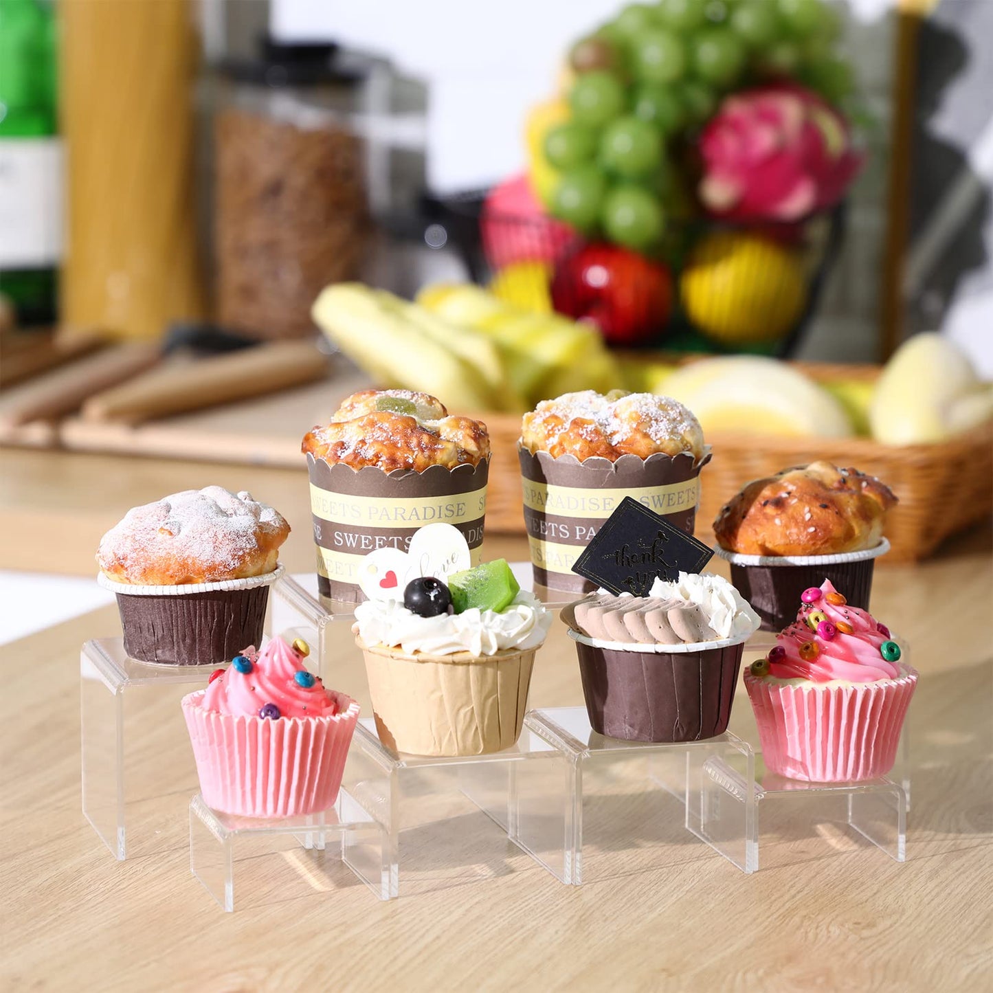 Chuangdi 20 Pcs Acrylic Display Risers, Clear Plastic Product Stand, Food Display Riser for Table Party Jewelry Shelf Decor for Figure Dessert Cupcake Candy Action Showcase(Clear,Medium Set)