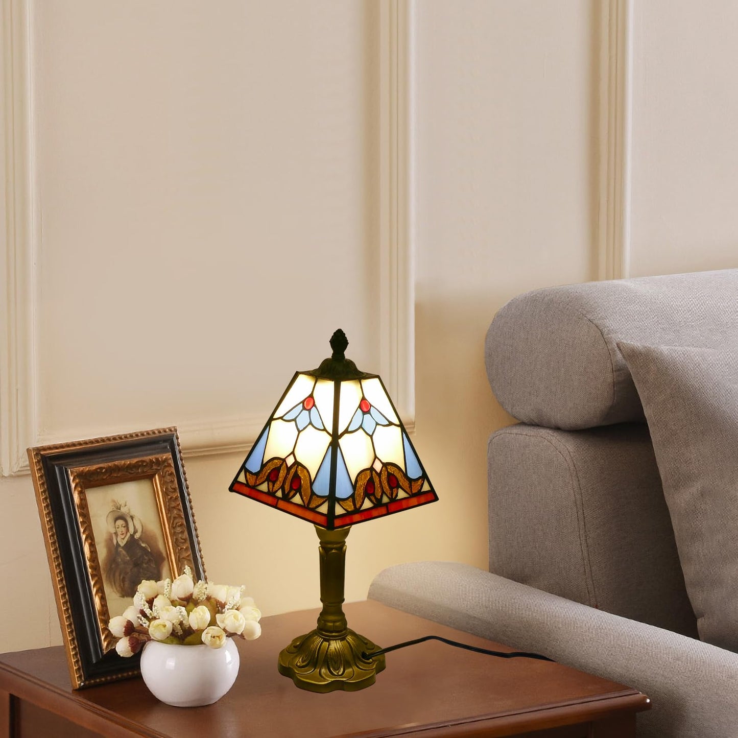 VirtueKing Tiffany Lamp 6" Wide Small Square Baroque Style Stained Glass Table Lamp Desk Reading Light, Bedside Table Lamp Decor for Small Space Bedroom Home Office