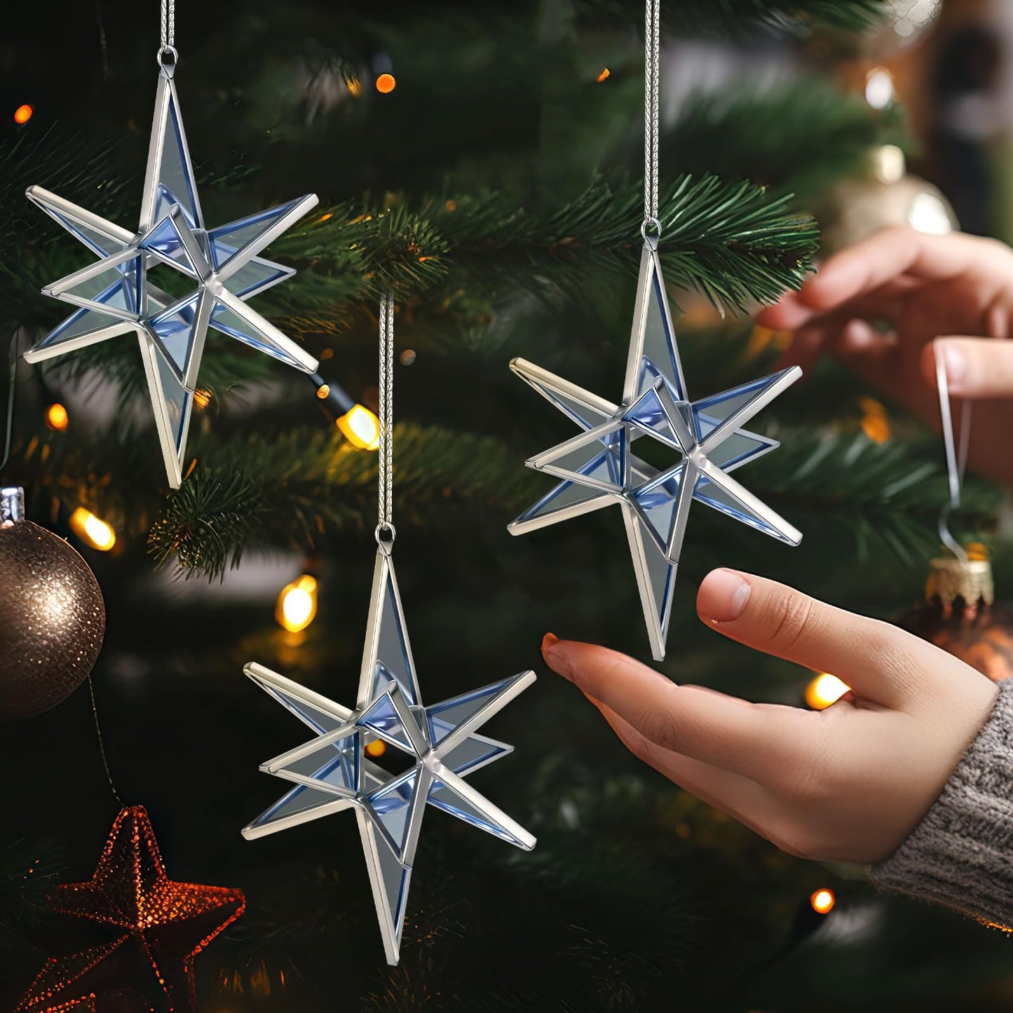 Leinuosen 6 Pcs Christmas Bethlehem Star Ornament for Christmas Tree 3.14 Inch Stained Glass Hanging Decoration 3D Xmas Tree Ornaments Home Decor Gift