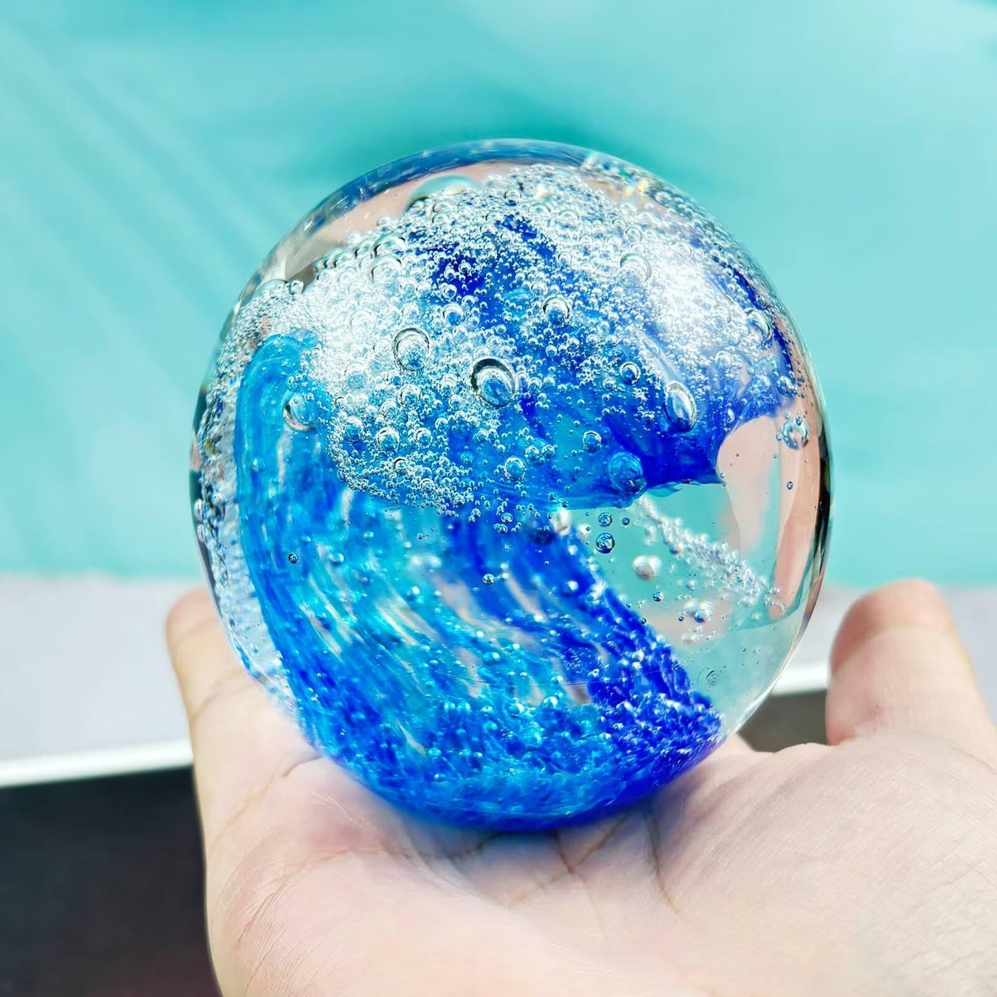FZBHRO Decorative Crystal Ball Figurines Ocean Waves Paperweight Blown Glass Decor Sea Art Ocean Lovers Gift Blue 3.15"