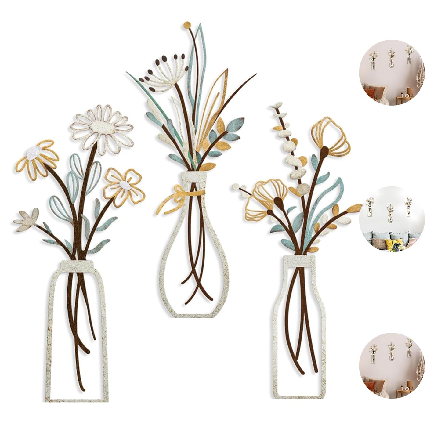 BoAn 3 Pieces Metal Flower Wall Art – Rustic Farmhouse & Boho Floral Wall Decor for Living Room, Bedroom, Bathroom – Durable Pre-Drilled Home Decorationss, Housewarming Gift