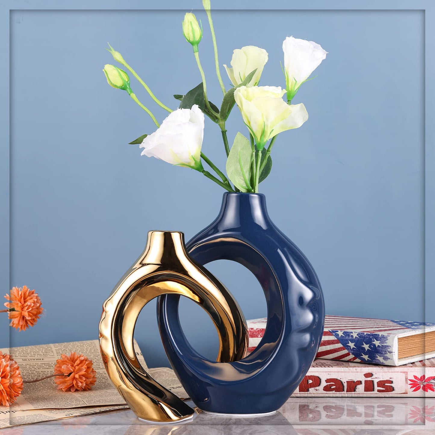oliruim Navy Blue Home Decor Ceramic Vase, Navy Blue Gold Round Vase with Holes Set of 2, Suitable for Wedding Entrance Decoration, Bookshelf, Mantel, Unique Home Decor (Blue Gold)