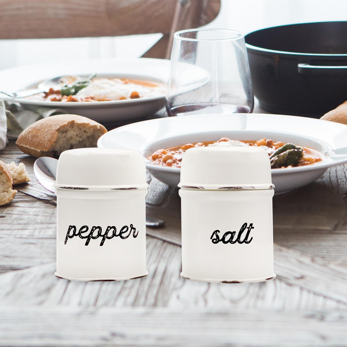 AuldHome Design Salt and Pepper Shaker Set (White); Rustic Enamelware Retro Vintage Style Shaker Set