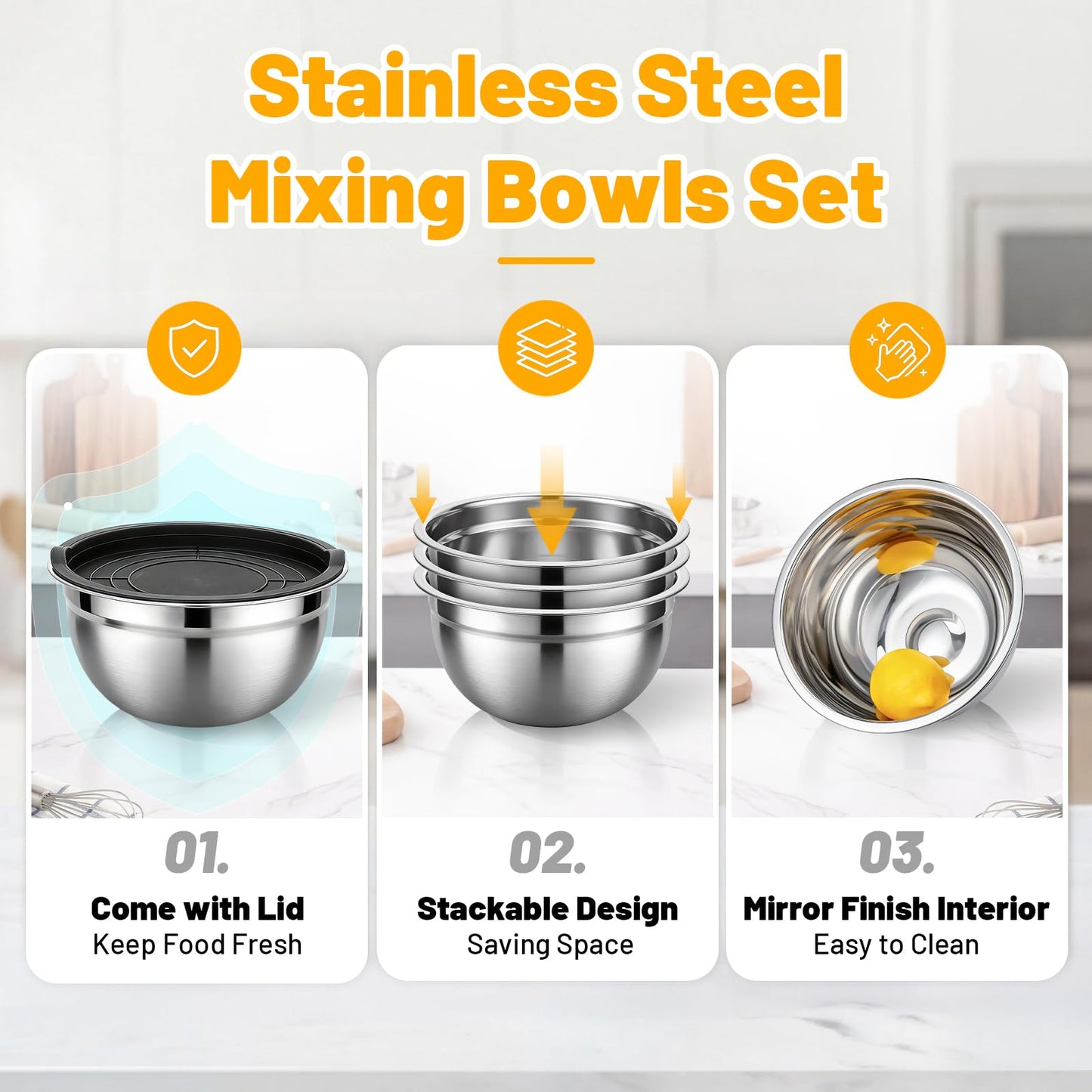Beasea Mixing Bowls with Lids Set of 3, 1.5 QT Stackable Stainless Steel Mixing Bowls with Black Lids for Baking, Metal Nesting Bowl for Kitchen, Meal Prepping, Cooking and Serving
