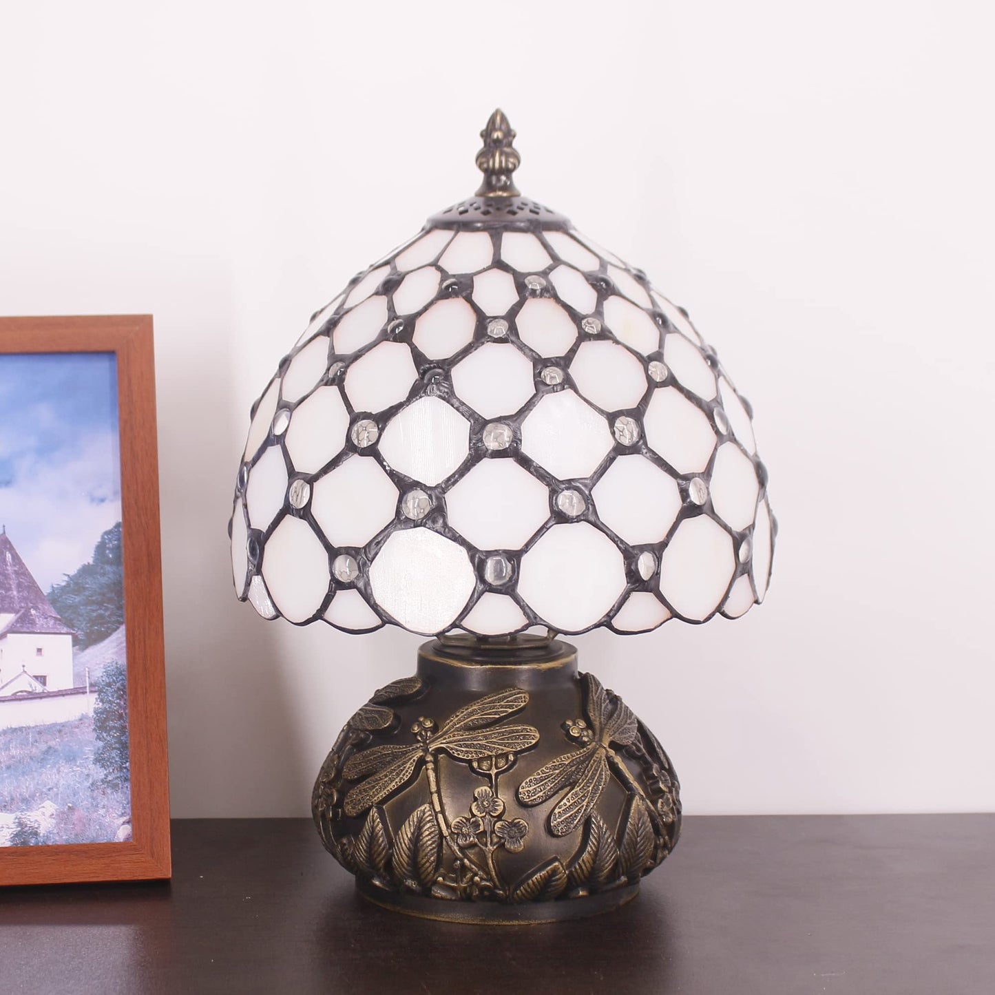 SYETL Small Tiffany Lamp Mini Stained Glass Table Lamp Cream Pearl Beads Style Mushroom Desk Light Memory Sympathy Lamp 8X11 Inch