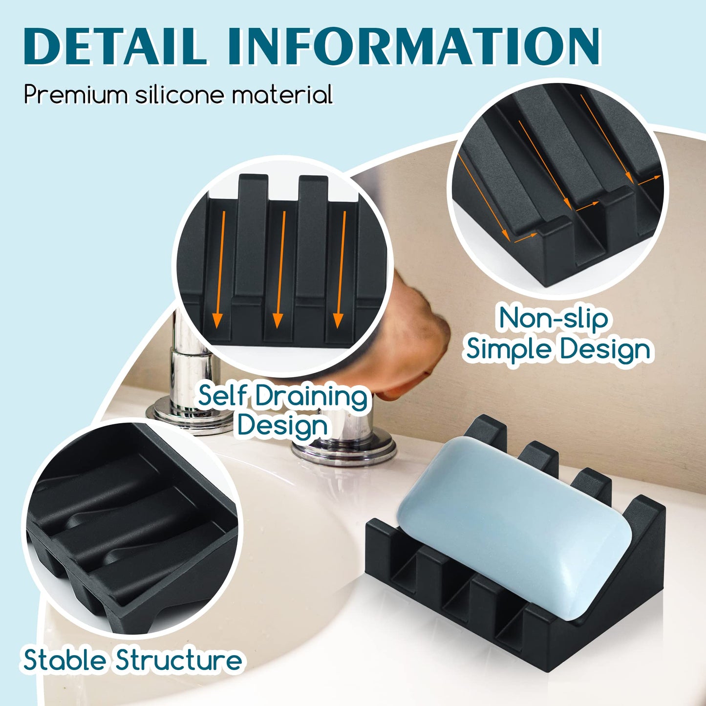 2 Pack Self Draining Silicone Soap Dish for Shower & Kitchen - Waterfall Bar Soap Holder Tray, Non-Slip Soap Saver Keeps Soap Dry, Easy to Clean, Extends Soap Life (Black)