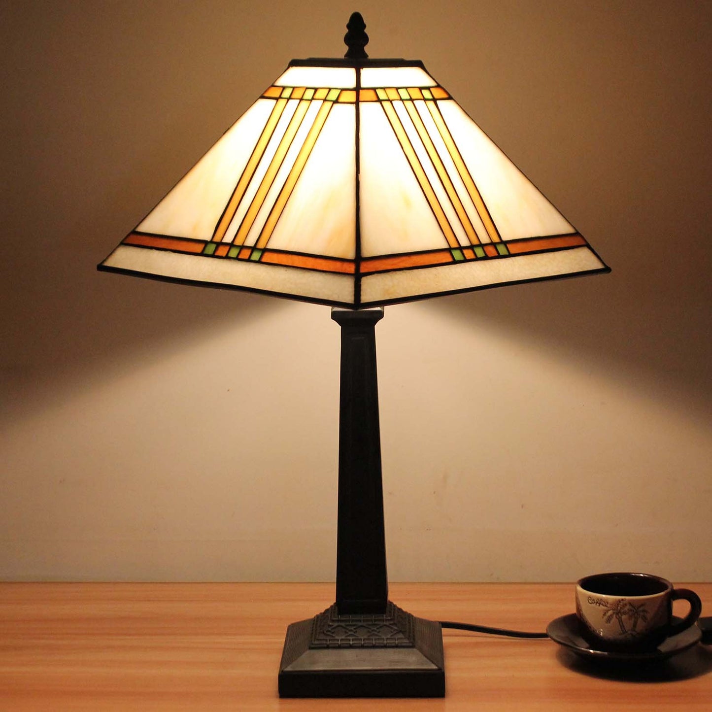 Bieye L10345 Mission Tiffany Style Stained Glass Table Lamp with 11-inches Wide Lampshade, 20-inch Tall