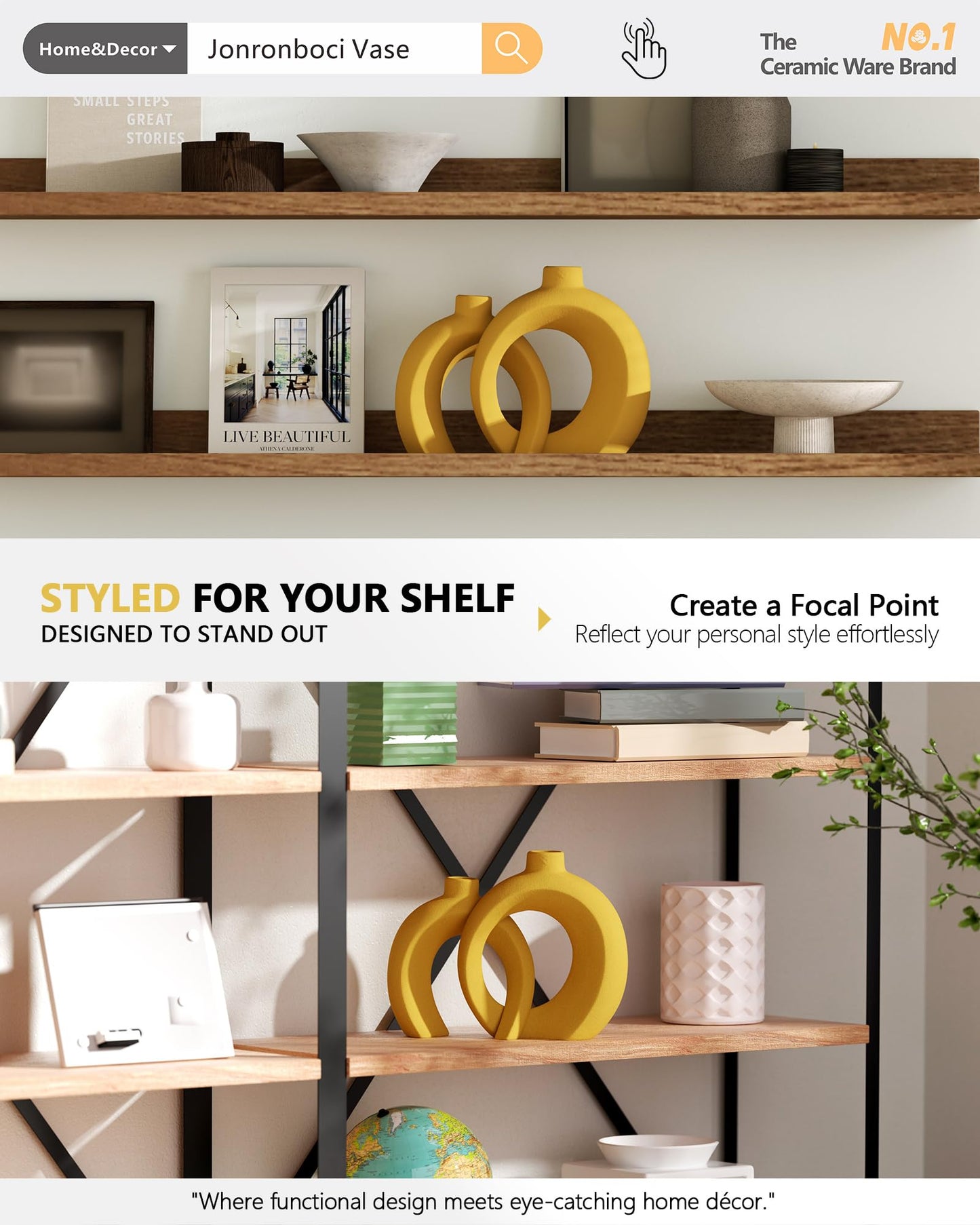 Set of 2 Yellow Ceramic Vases for Home Decor Accents - Unique Hollow Donut Artistic Design Mid-Century Modern Eclectic Style Decorative Vases for Shelf, Mantel, Entryway Table Decor (Matte Yellow)