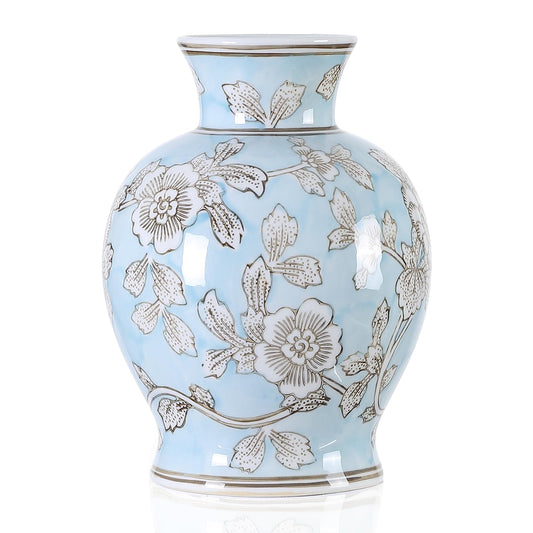 YJSQOEOE Vintage Chinoiserie Floral Ceramic Vase, Large Rustic Pottery Vases for Living Room, Entryway, Dining Table Centerpiece, Farmhouse Home Décor, Floor or Tabletop Flower Vase, (Blue)