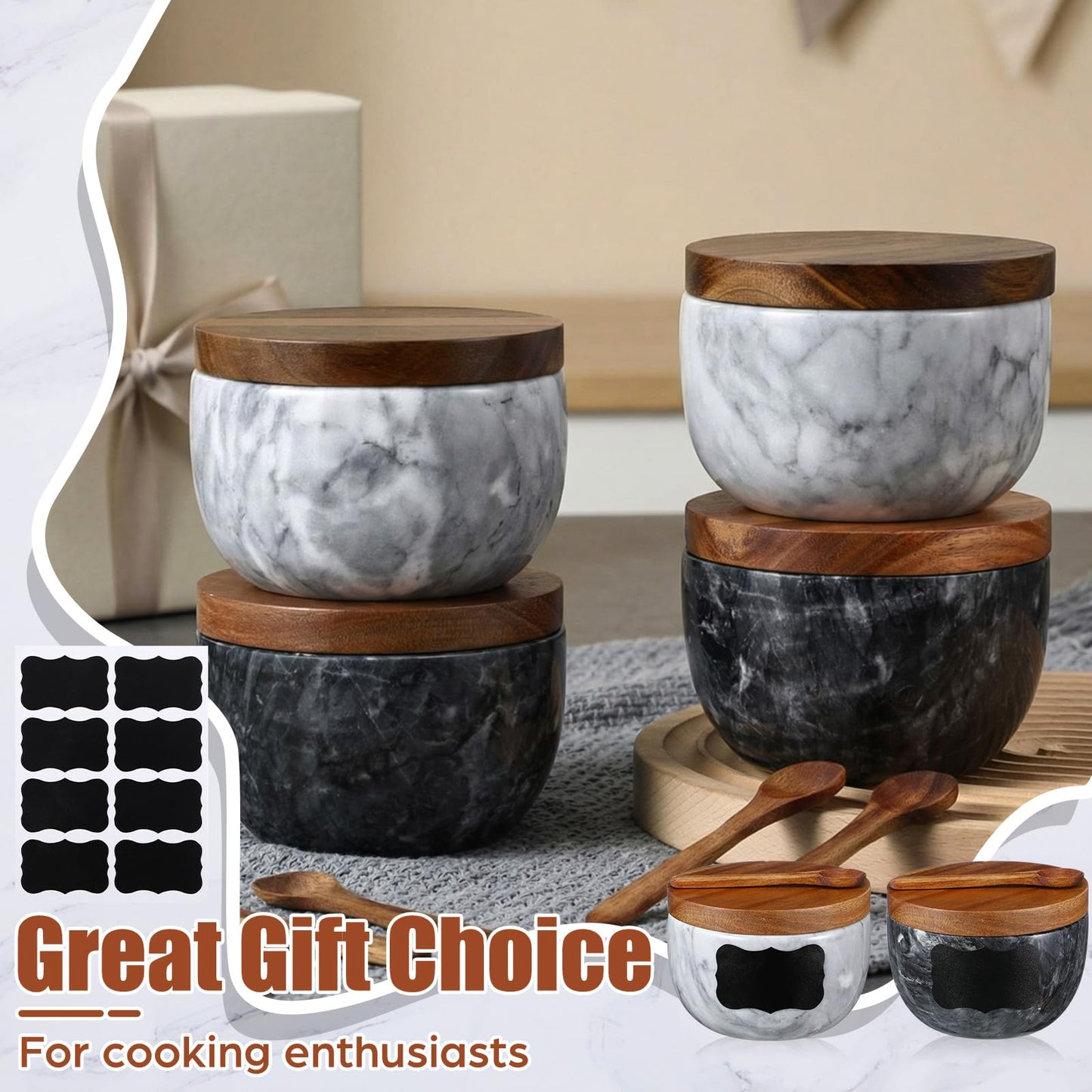 Teecyhooo Marble Salt Cellar Set of 4 with Lid and Spoon, Natural Marble Spice Container Bowls with Acacia Wood Lids for Pepper Sugar Seasoning Storage, Kitchen Counter Pinch Bowl Set