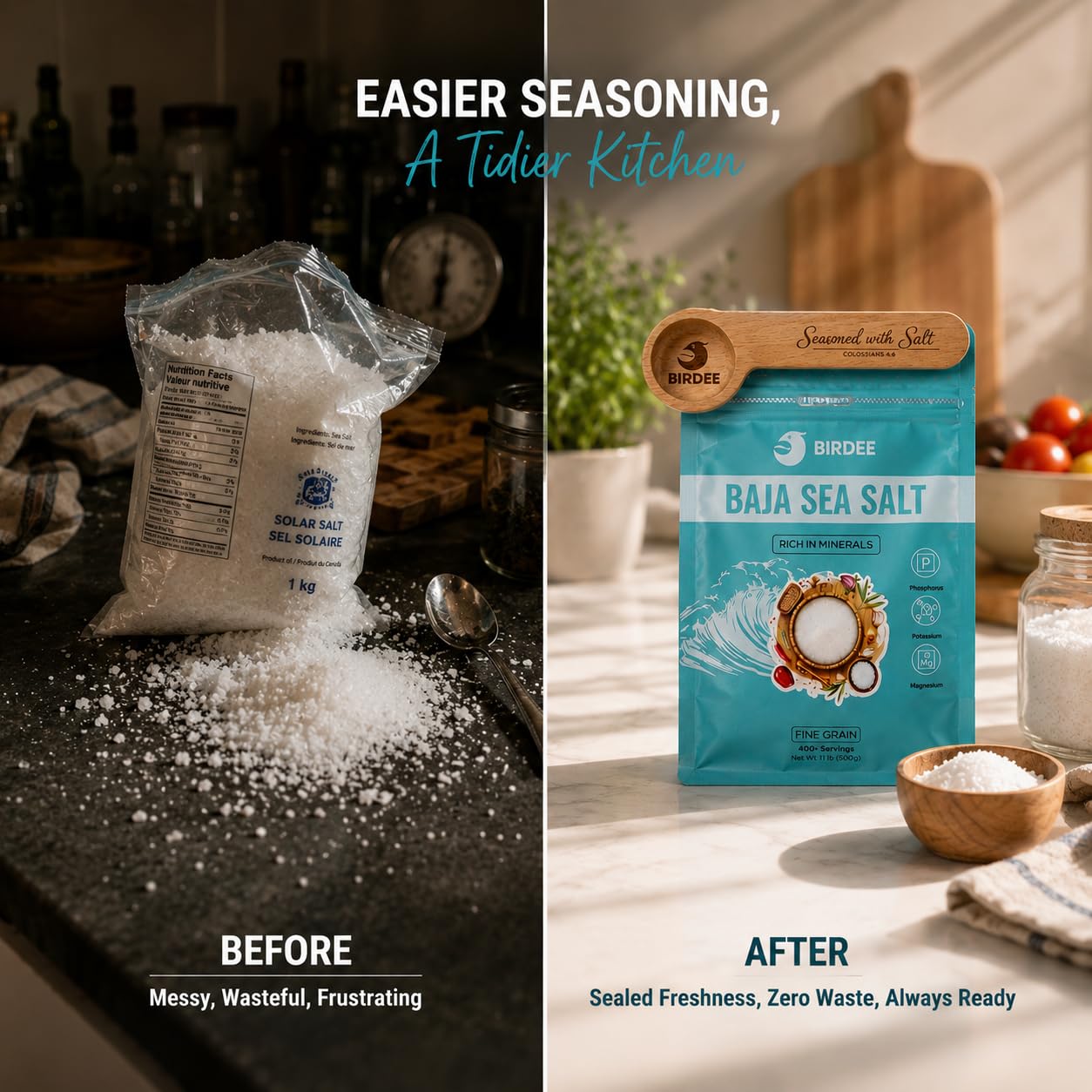 Birdee Culinary Gift Set, Solar-Dried Mineral Rich Fine Grain Sea Salt from Vietnam, 17.6 oz (500g) Pouch with Engraved Hardwood Spoon Bag Sealer Clip, Seasoned with Salt Colossians 4:6