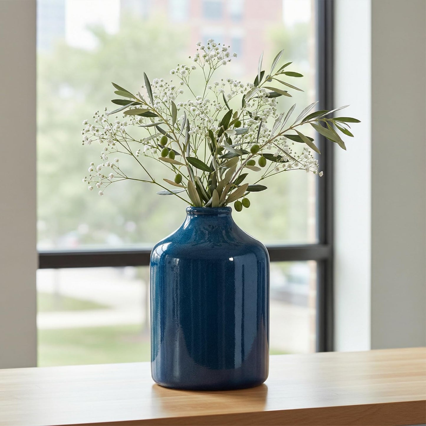 Sunddo Blue Flower Vase - 7 Inch Ceramic Decorative Vase - Rustic Farmhouse Vases for Home Decor, Shelf Decor, Dresser, Living Room, Office Desk Decoration