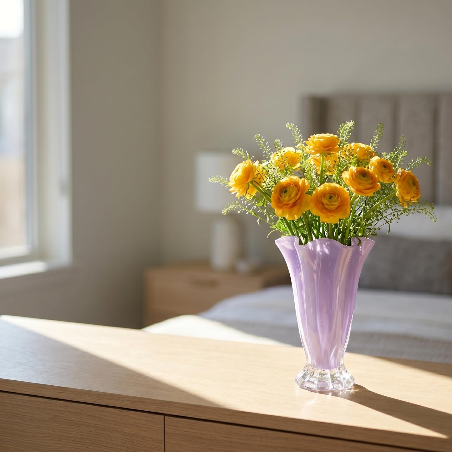 Ruffled Vase Display with Wavy Rim, Hand Blown Glass Vase for Flowers, Blown Glass Decor Centerpiece with Ribbed Panels for Tabletop Shelf Mantel Home Decor (Purple)