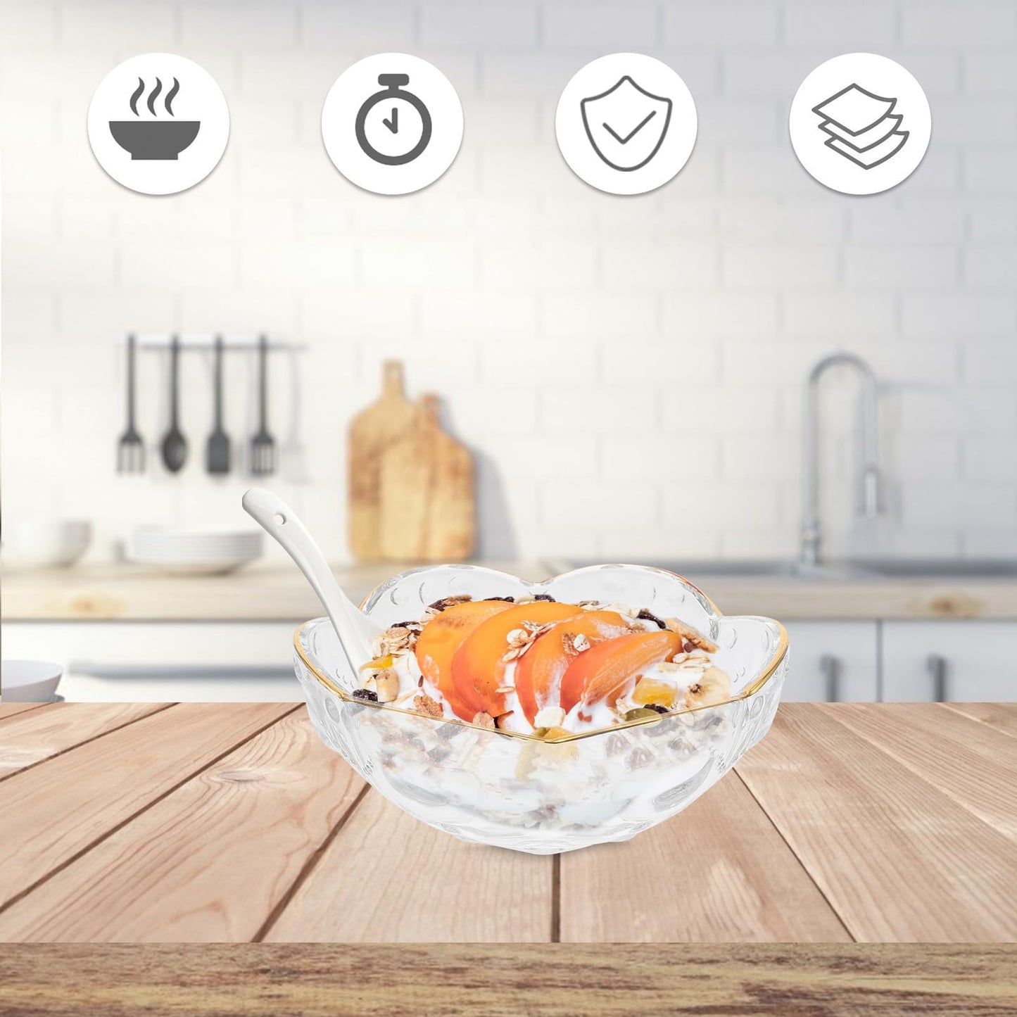 Toyvian Glass Salad Bowl with Gold Rim, 6inch Flower Shaped Decorative Serving Bowl for Dessert Fruit Popcorn and Snack Elegant Clear Glass Kitchen Tableware for Home Dining Parties