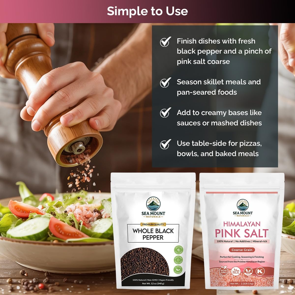 Sea Mount Naturals Whole Black Tellicherry Peppercorns 12 oz & Himalayan Pink Salt (Coarse Grain) 2.2 lb | Pink Salt & Pepper Grinder Refill Combo I 2 Piece Set