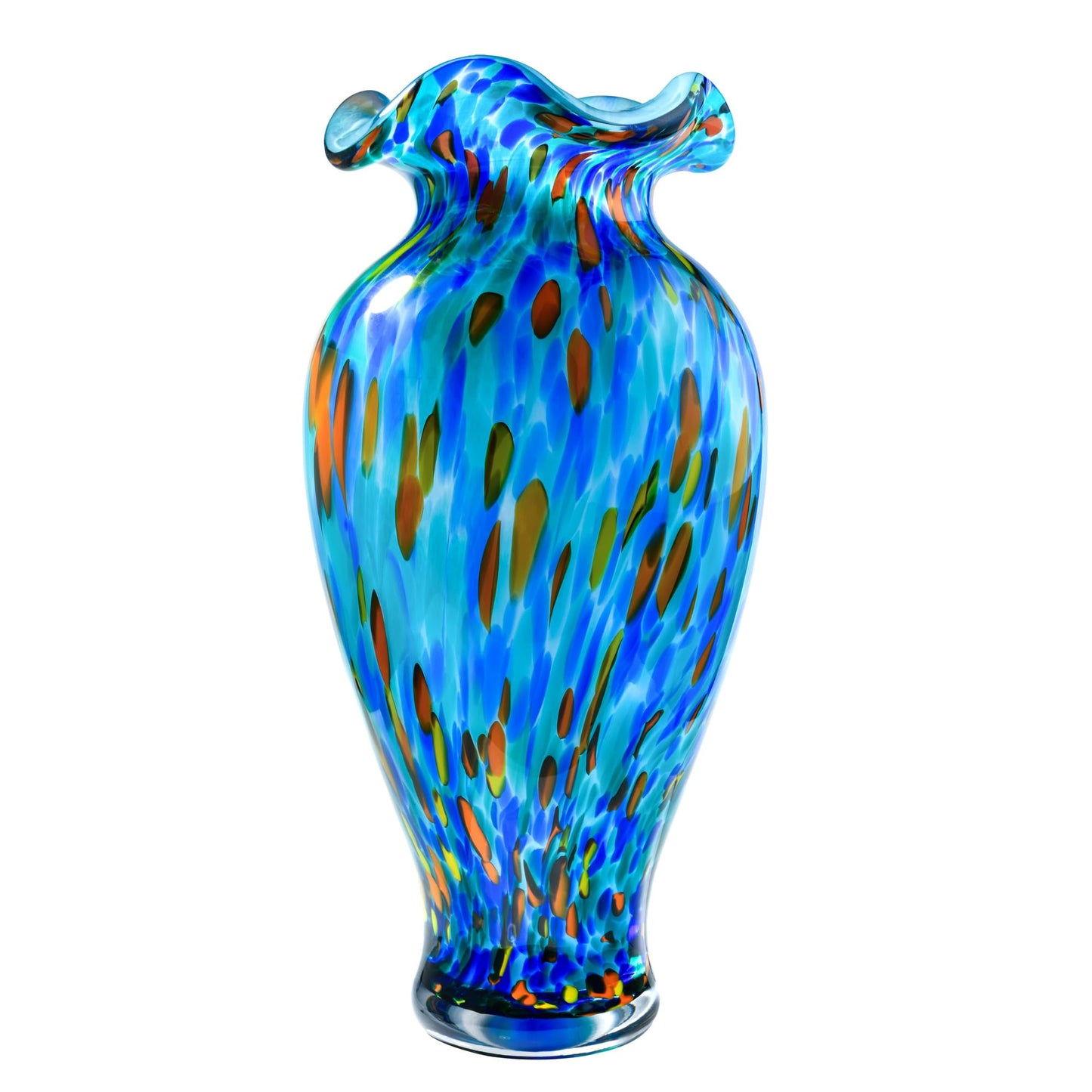 12 inch Hand Blown Glass Vase, Unique Sea Blue Crystal Flower Vase, Ocean Style Art Glass Home Table Centerpieces for Floral Bouquet Decorations