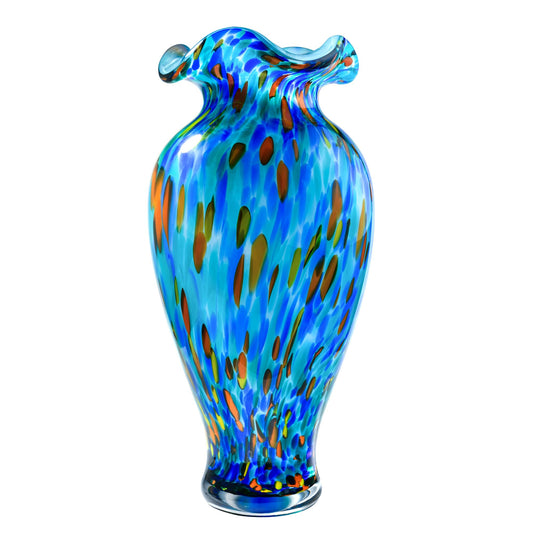 12 inch Hand Blown Glass Vase, Unique Sea Blue Crystal Flower Vase, Ocean Style Art Glass Home Table Centerpieces for Floral Bouquet Decorations