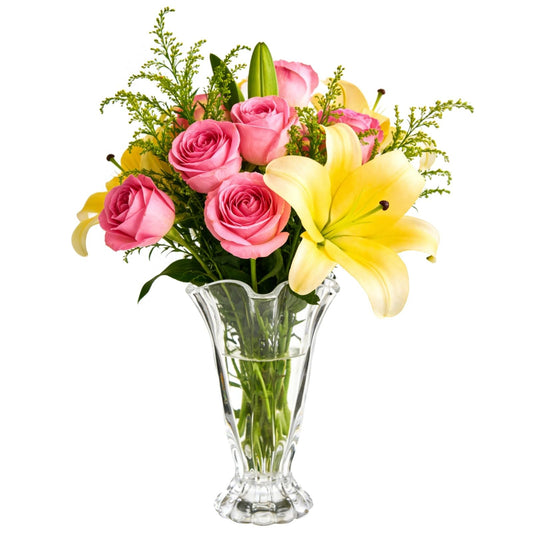 Glass Flower Vase with Wavy Rim, 9.1 in Tall Vintage Ribbed Pedestal Vase for Home Decor, Crystal Clear, Hand Blown Thickened Glass for Floral Arrangement Centerpiece
