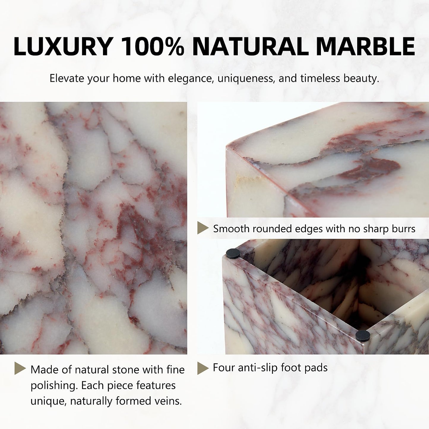 Luxury Natural Calacatta Viola Marble Tissue Box Cover 5.5 Inch Square - Fits Most Standard Tissue Boxes, Heavy-Duty Non-Slip Base, Decor for Bathroom Vanity, Kitchen, Living Room, Office Countertops