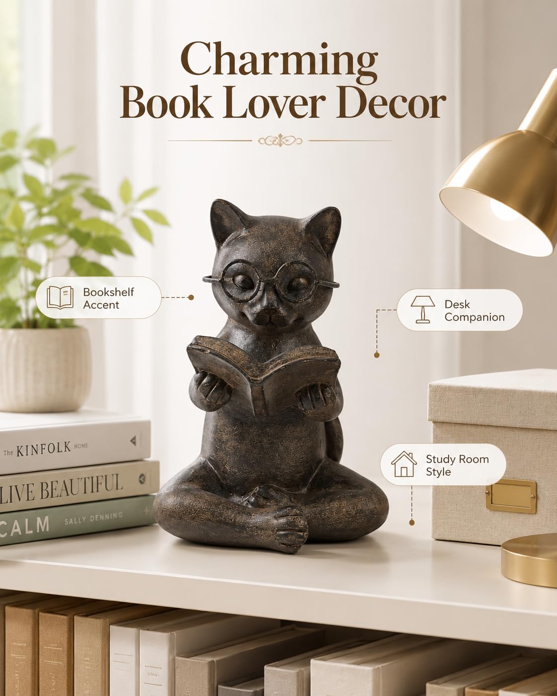 Bronze Cat Figurine Reading Book, Resin Home Décor Accents Statue with Glasses, Cute Tabletop Decor for Bookshelf Desk Office Library, Cat Lovers Gifts for Women Man Teacher Student (Reading Cat)