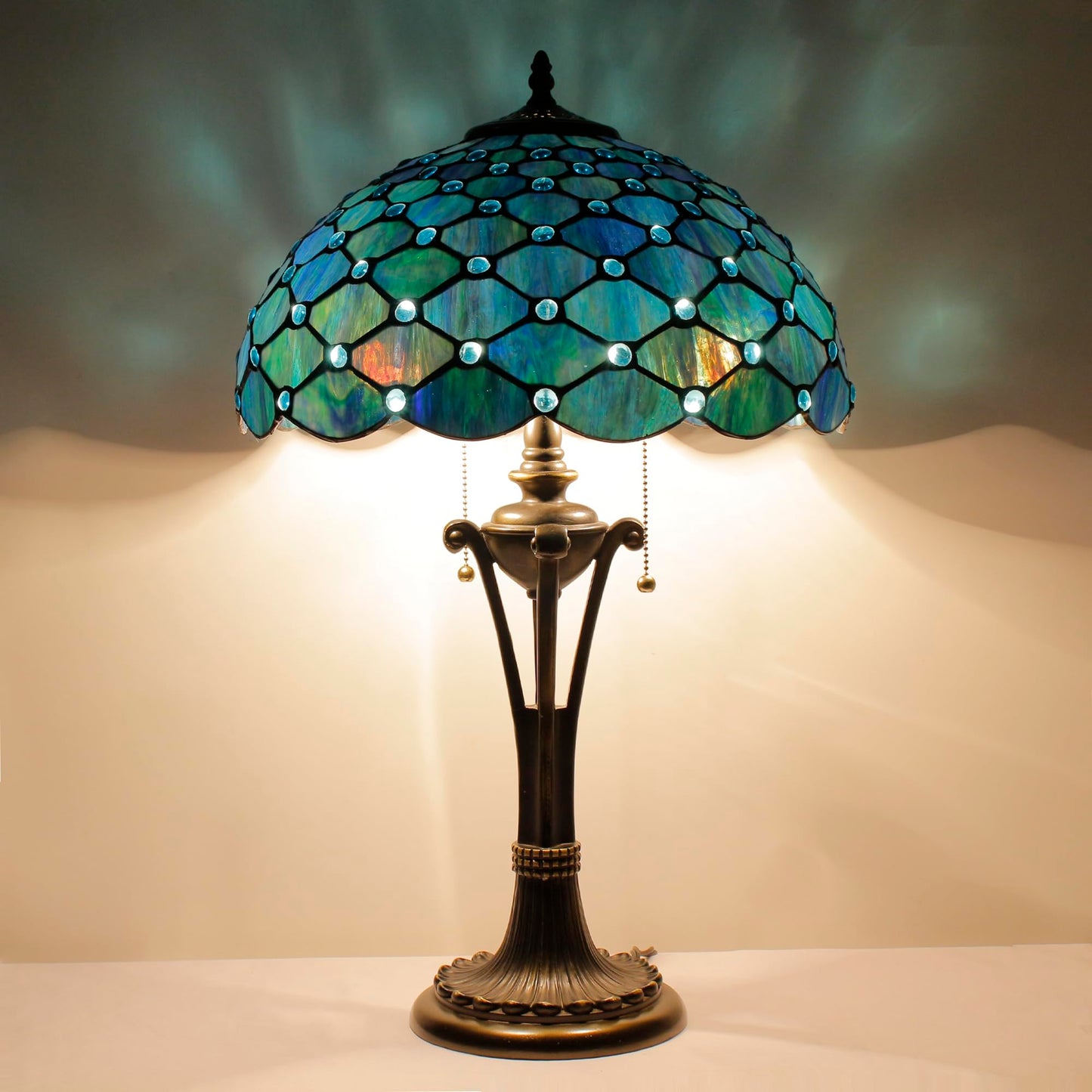 L-Juicwe Tiffany Table Lamp Sea Blue Pearl Stained Glass Desk Lamp 16X16X24 Inches Reading Light