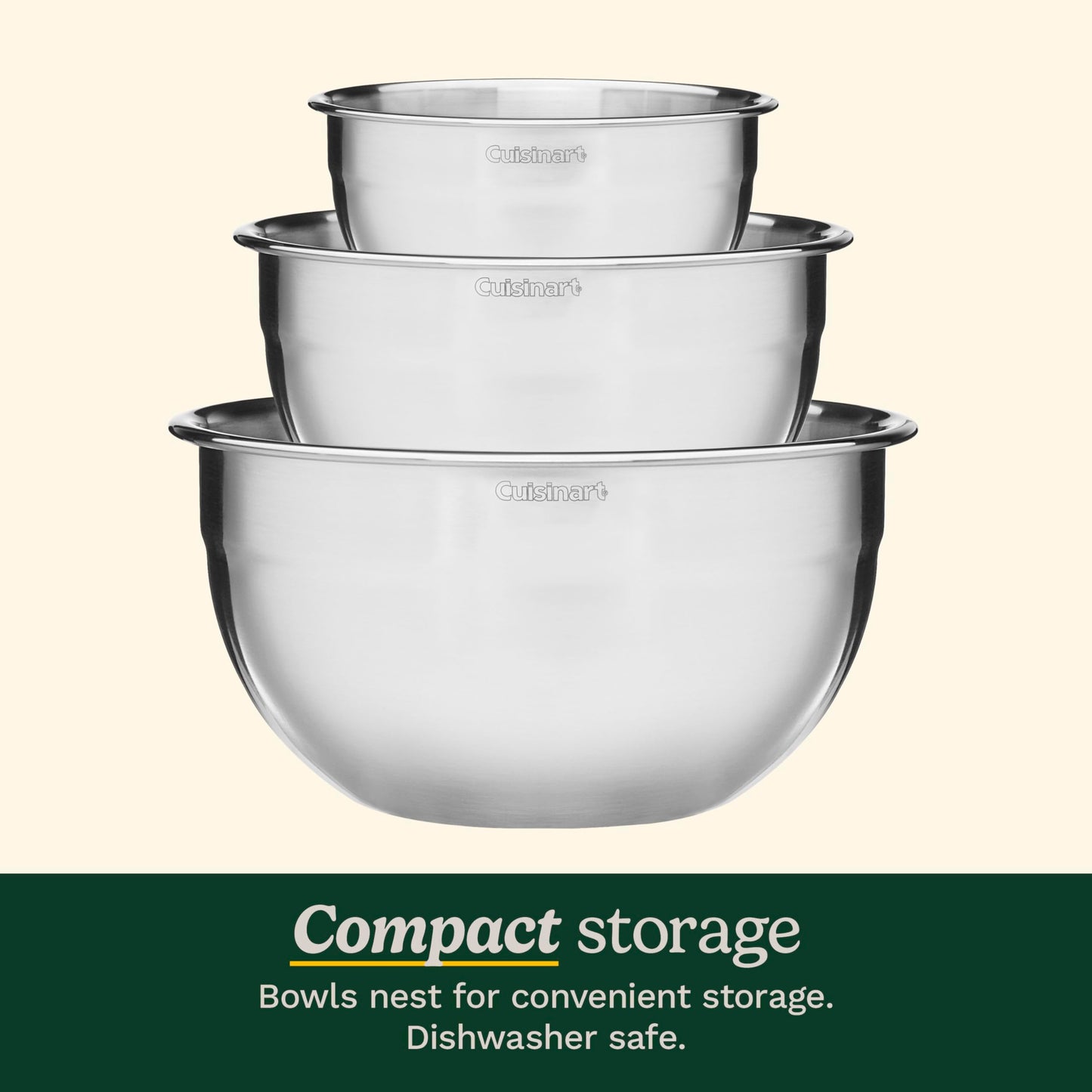Cuisinart Mixing Bowl Set, Stainless Steel, 3‑Piece Nesting Bowls for Baking, Cooking & Food Prep, CTG-00-SMB