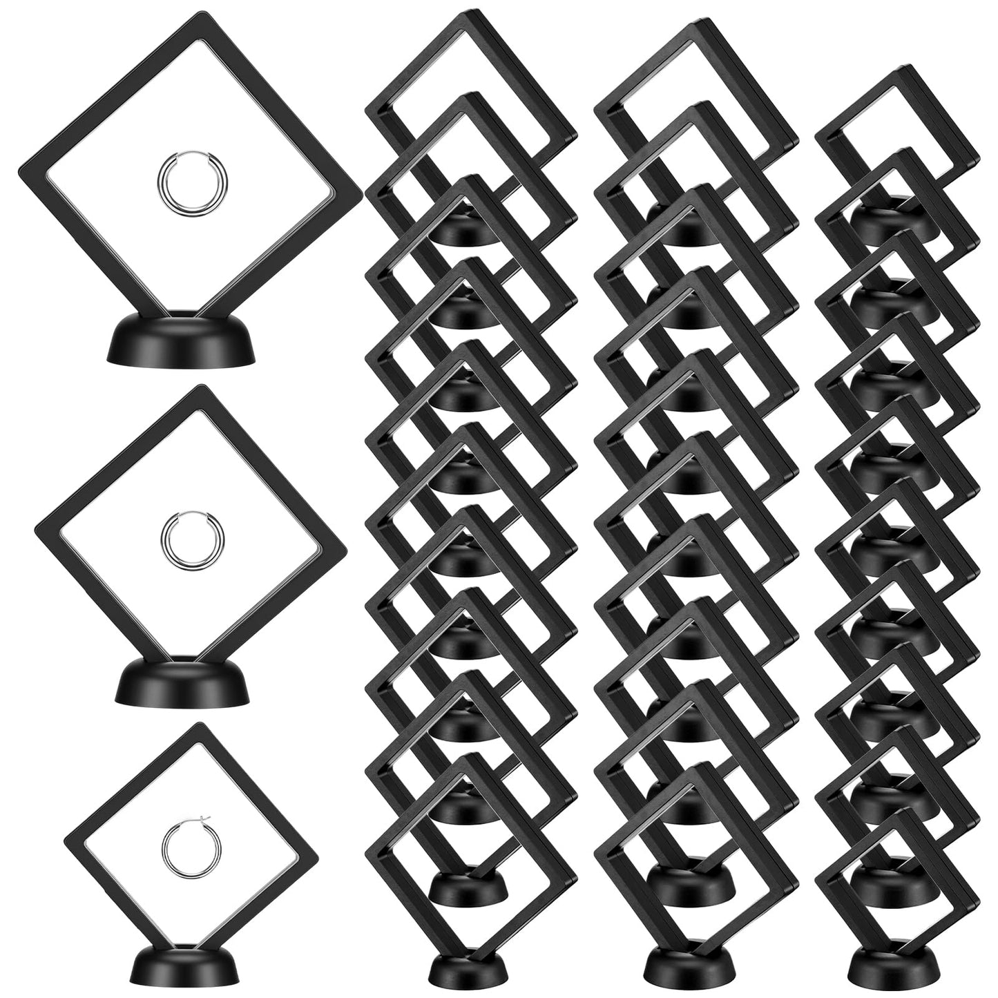Kegeeei 30 Pack 3D Floating Display Case, Multi-Size Floating Frame Display Stand Holder With Base, Transparent PE Jewelry Storage Box For Challenge Coin, Medal, and Specimen Collection, Black