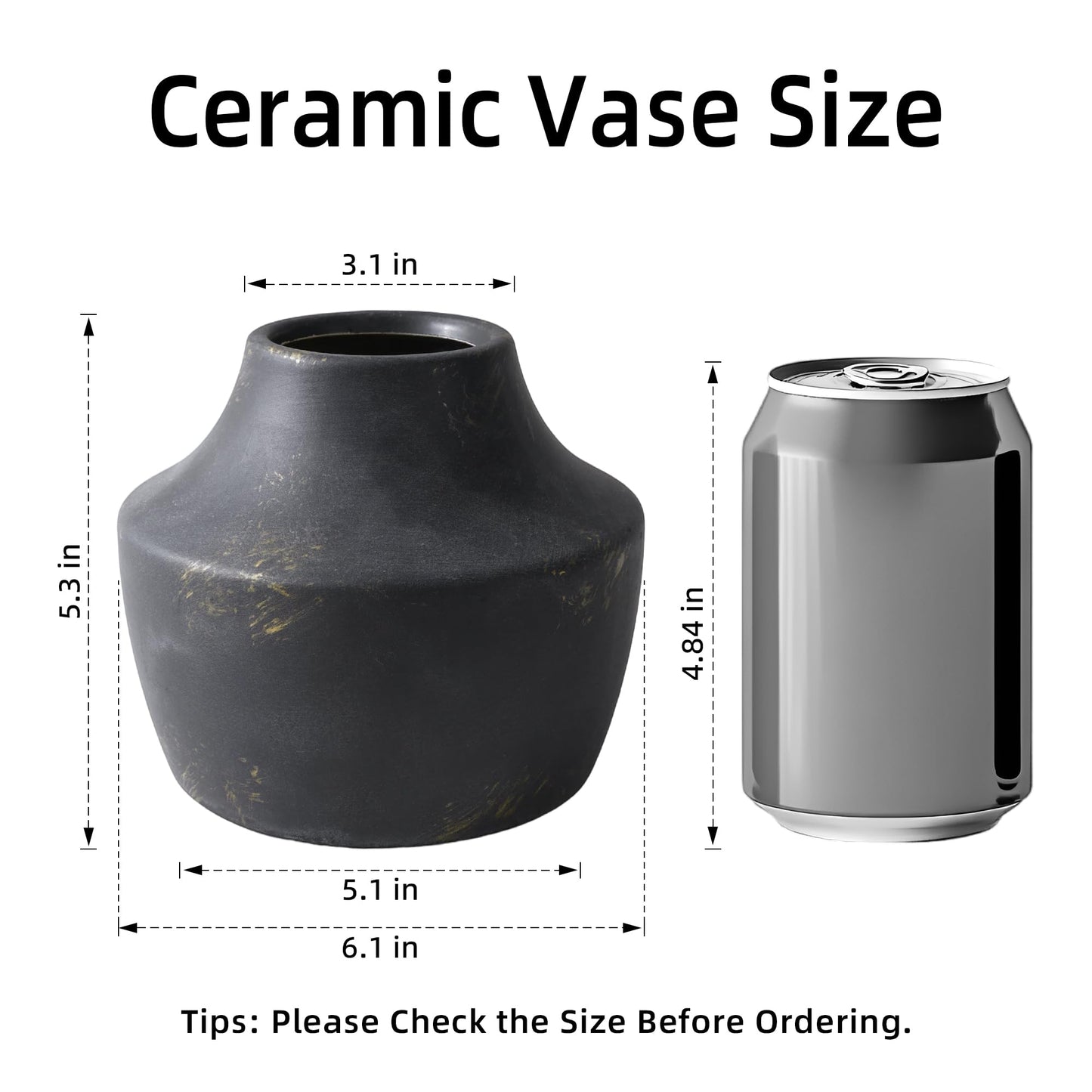 FancyPlus Black Ceramic Flower Vase, 5.3 in White Rustic Farmhouse Vase, Small Handcrafted Weathered Pottery Vases, Decorative Terracotta Vases for Flower, Living Room, Centerpieces, Table, Home Decor